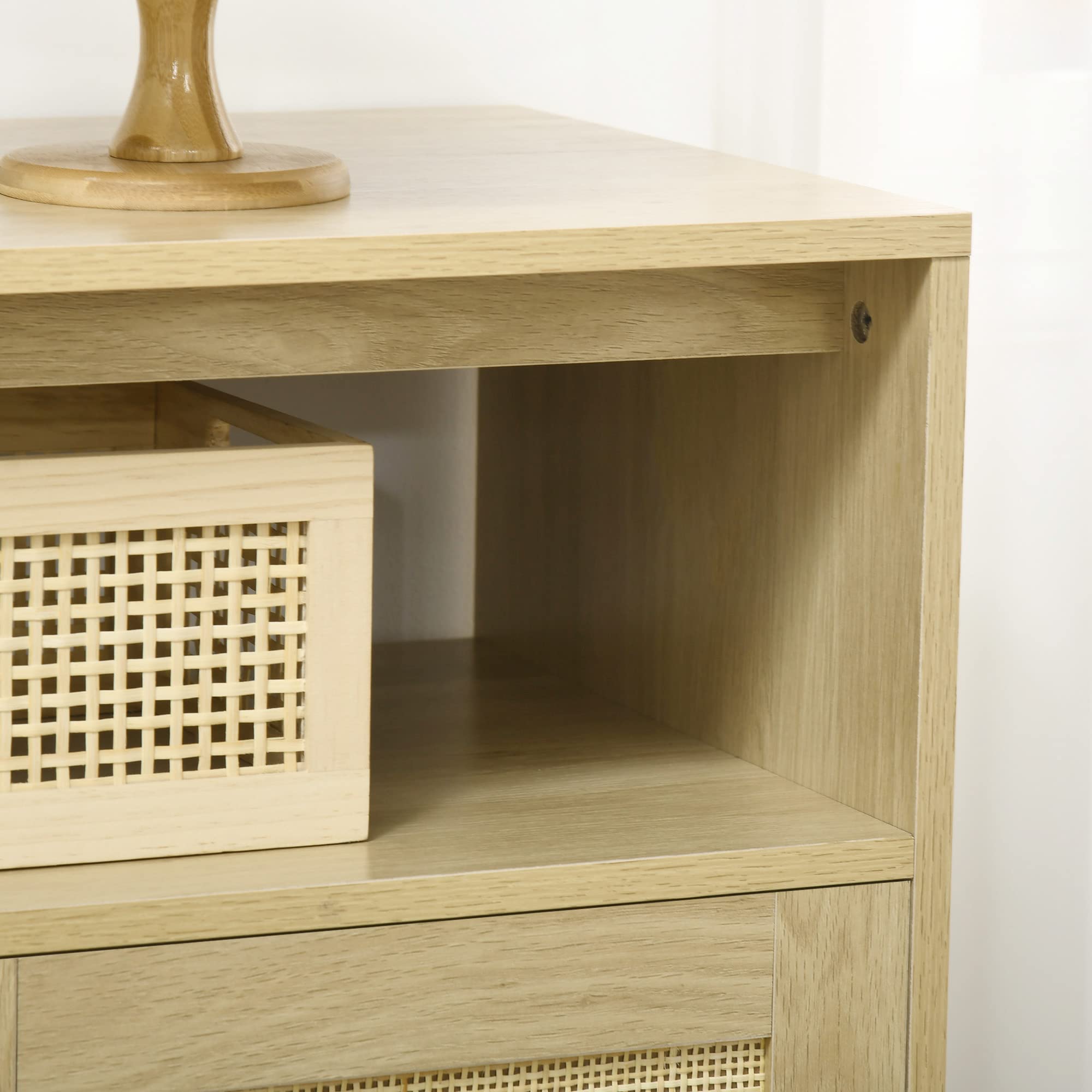 HOMCOM Aparador de Cocina con 3 Puertas de Ratán 120x40x97 cm Natural | Estilo Boho, Mueble Buffet Auxiliar, Estantes Ajustables, Patas de Madera, para Salón Comedor