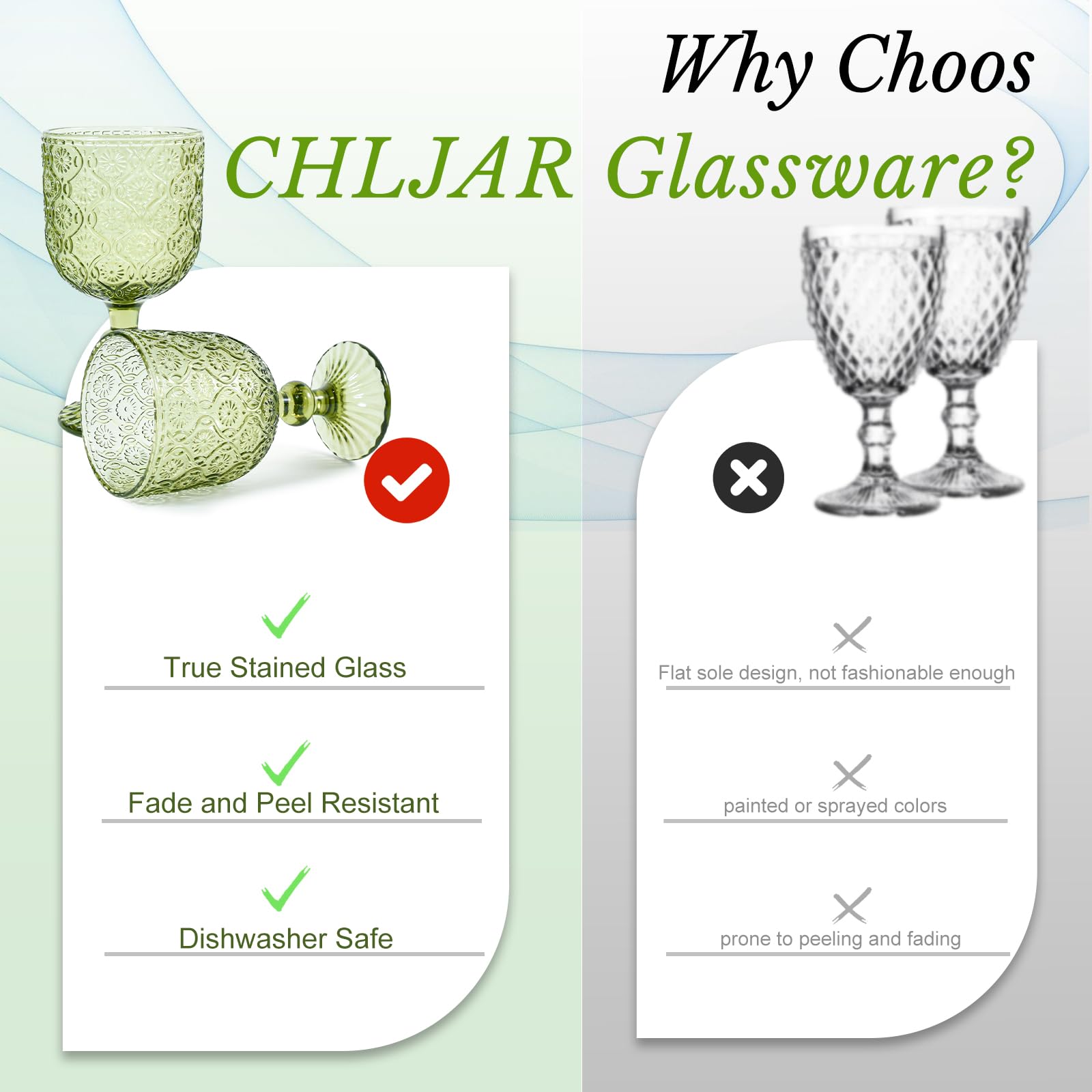 CHLJAR Juego de 6 copas de vino verde vintage de 400 ml para bodas, fiestas, copas de vino tinto, bares, restaurantes, aptas para lavavajillas (A verde)