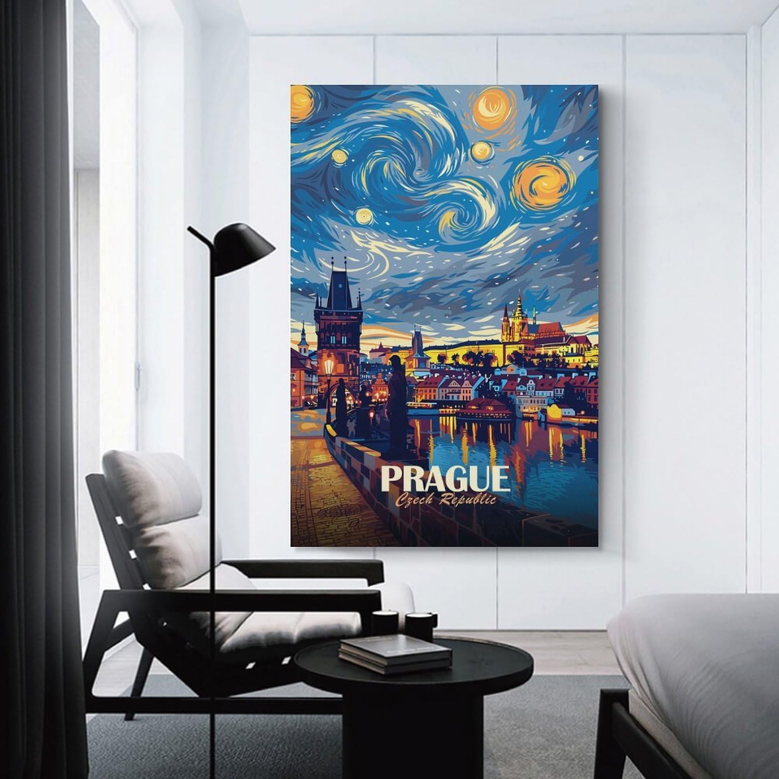 Junmoney Prague Czech Republic Starry Night Art Wall Art Print 20x30inch(50x75cm), for Corridors, Hallways Or Apartment Entries, Wall Decor to Refresh Empty Corners