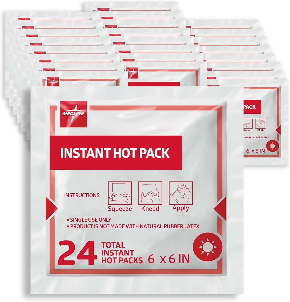 Medline Instant Warm Pack, Disposable, 6" x 6", 24 per Pack, Heat Packs for Pain Relief, Muscle Soreness and Increased Blood Flow