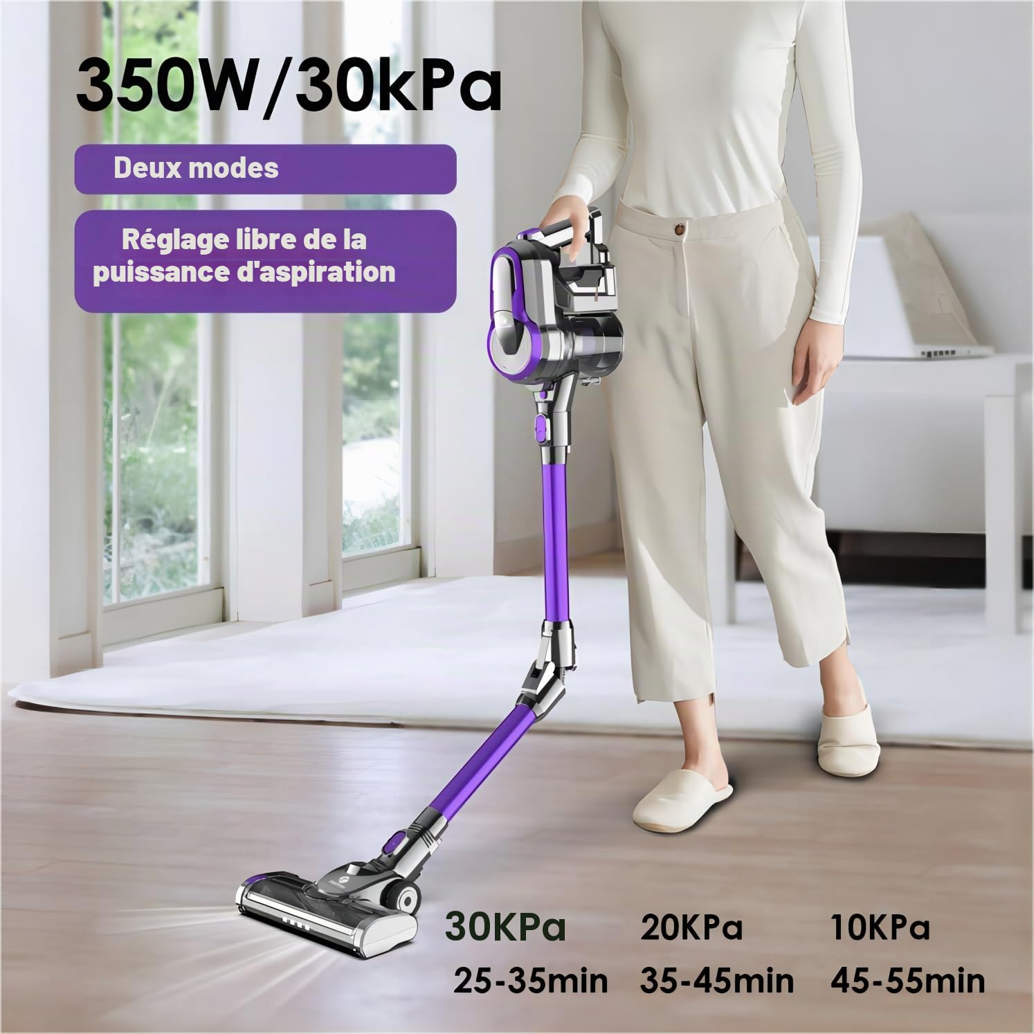 350W/30KPA Aspirateur Balai sans Fil, 2024 Aspirateur Balai Puissant, 50 Mins Batterie Amovible, Chargement Mural, 6 en 1 Aspirateur sans Fil pour Parquet, Moquettes, Poils d'animaux