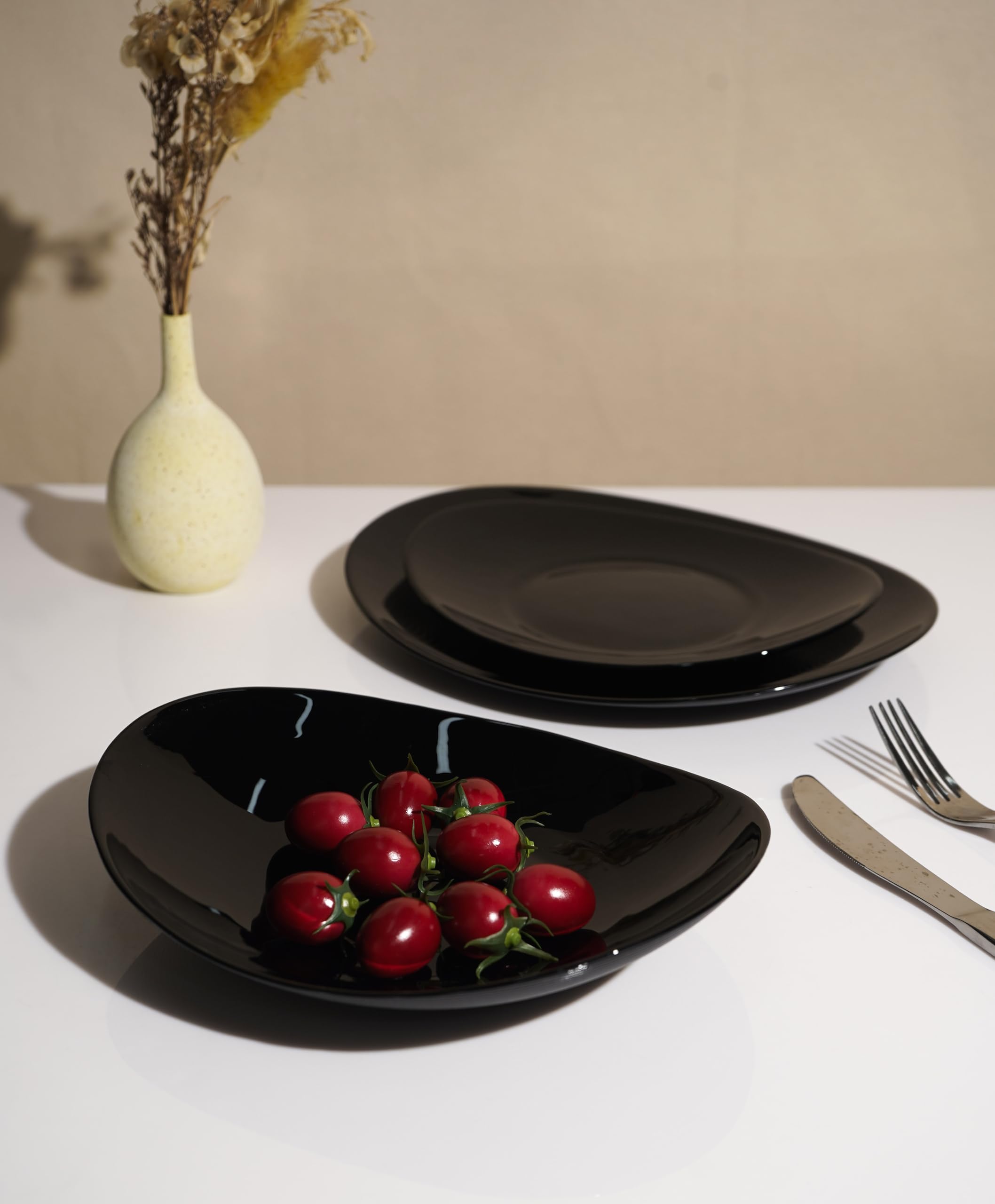 18 Pezzi Set Piatti Ovali, Nero: 6 Piani 27x24cm, 6 Fondi 23x21cm, 6 Dessert 22x20cm, Lavabile in Lavastoviglie, Microonde, Vetro, Forma Ovale, Occasione Formale