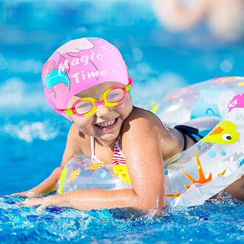 Miniatura 7 de Gorras de natación para niñas edad 2-6 gorro de natación de silicona impermeable duradero para cabello corto con gafas de natación tapón para las