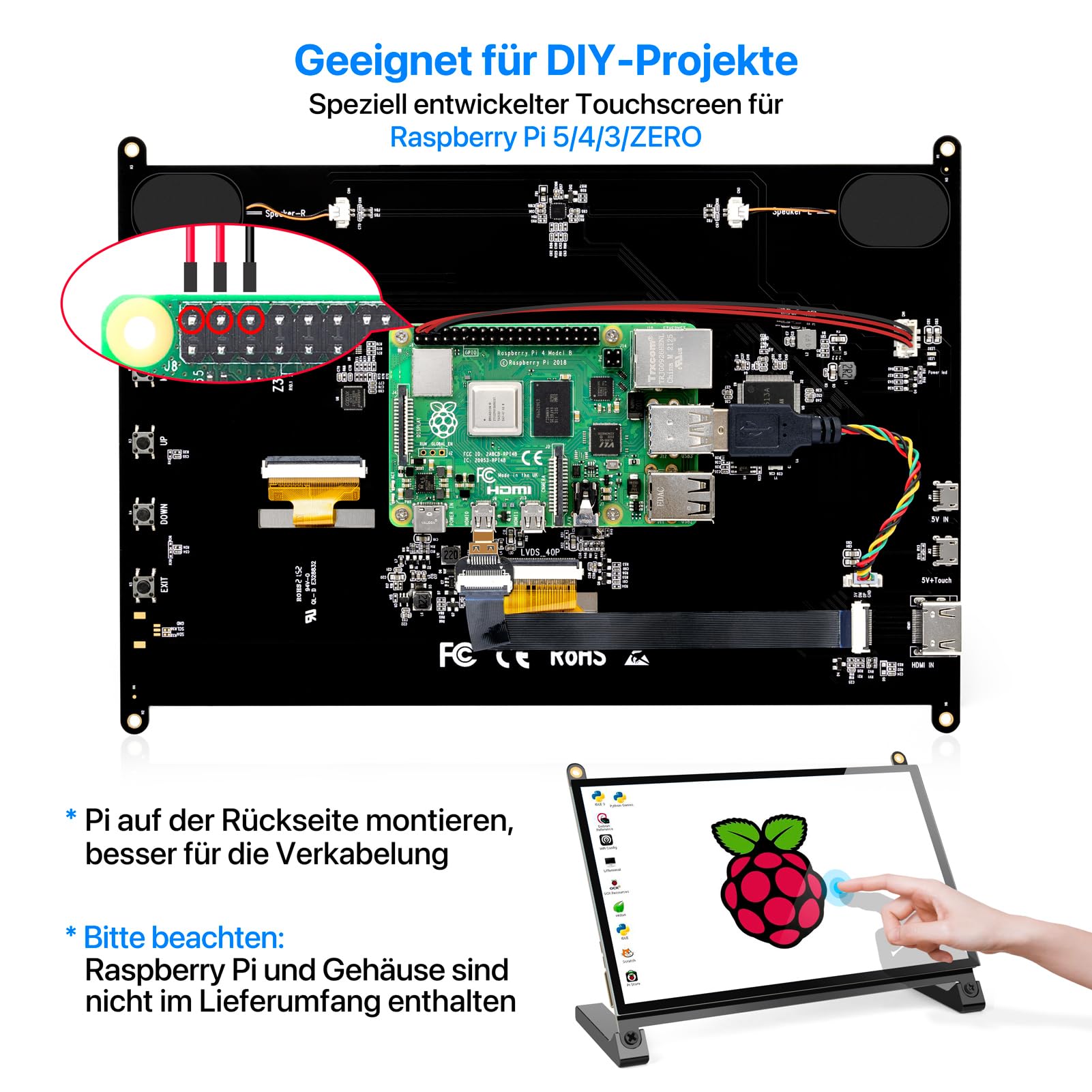 ROADOM 10.1" Touchscreen Monitor, 1024x600 IPS für Raspberry Pi, HDMI | 5-Punkt-Touch, Dual-Speaker, Plug & Play, Pi 5/4/3/Zero, Home Assistant, Gaming, Sub-Monitor, 3 Display-Modi, Easy Setup