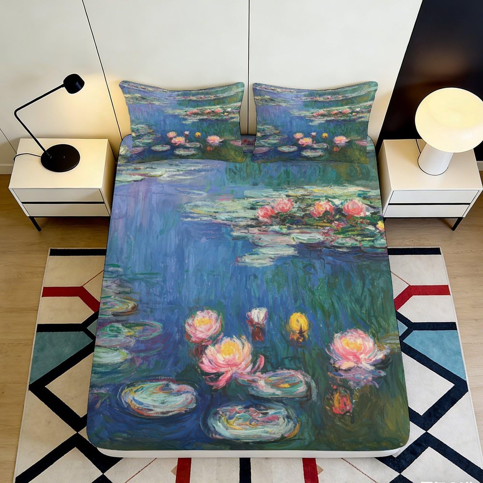 Pnayamiorkfel Style-10 3D Printed Water Lily Pond Fitted Sheet Microfiber Green Blue Impressionist Art Bed Cover For Bedroom Guest Room Decor 90X200x25cm
