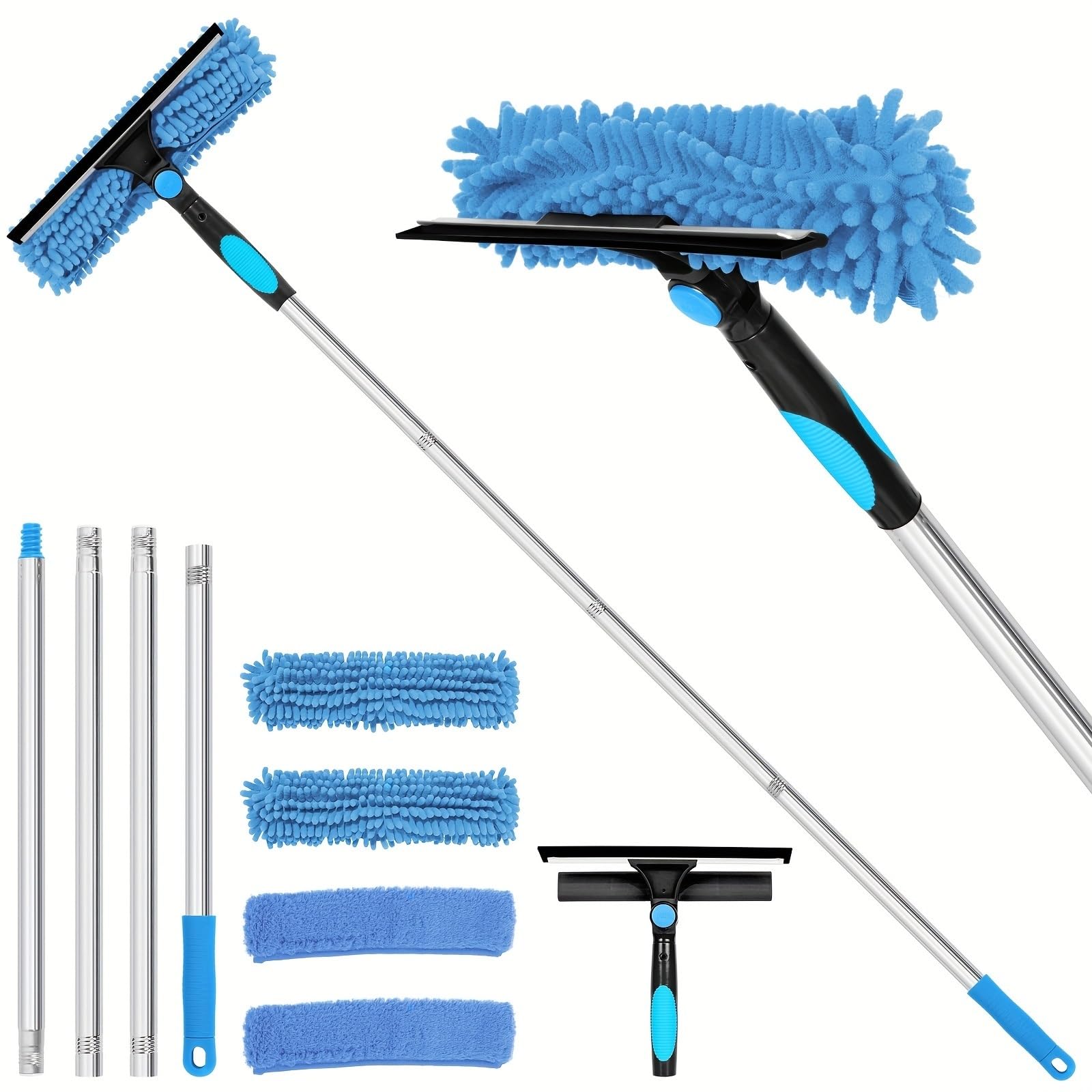 Glasreinigungsbürste Mit Ausziehbarem Griff, Multifunktionaler Fensterreiniger Mit Wiederverwendbarem Tuchabzieher, Praktische Haushaltsreinigung(Blue)