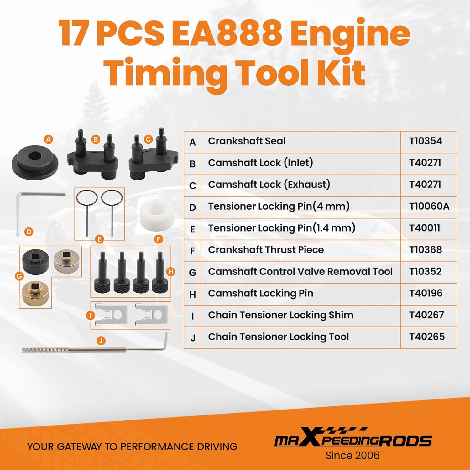 maXpeedingrods Engine Camshaft Crankshaft Timing Tool Kit for EA888 1.8 2.0 TSI TFSI, for Audi VW 2006-2018, T10352 T10368 T40196 T10354 T40011 T40271 T40267 T40098, 17 Pcs