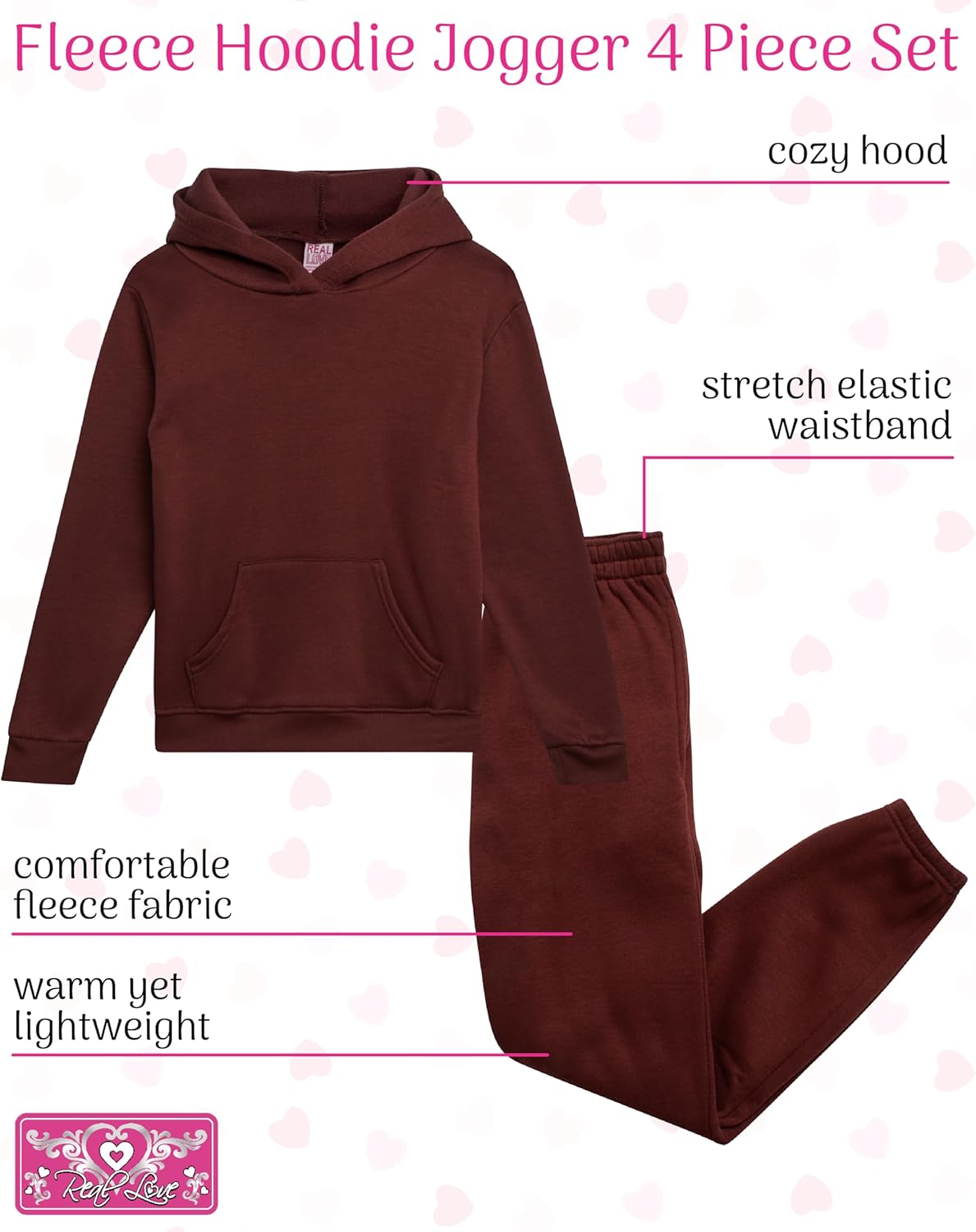 Real Love Girls Sweat Suit Set - 4 Piece Soft Fleece Lightweight Pullover Hoodie and Jogger Sweatpants for Girls (Sizes 5-16) - Image 2