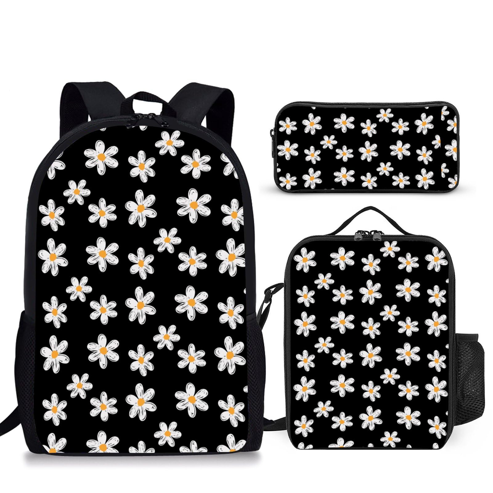 3PCS Daisy Print Backpack for Boys Girls Teens, School Backpack with Lunch Box Pencil Case for Elementary Middle High Students, 17 Inch Lightweight