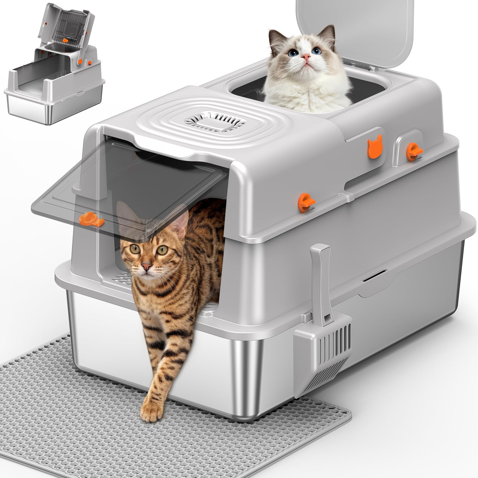 Lettiera per gatti in acciaio inox con coperchio, XXL, extra large, per gatti grandi, lettiera chiusa con controllo degli odori, filtro ai carboni attivi e doppia porta, facile da pulire, grigio