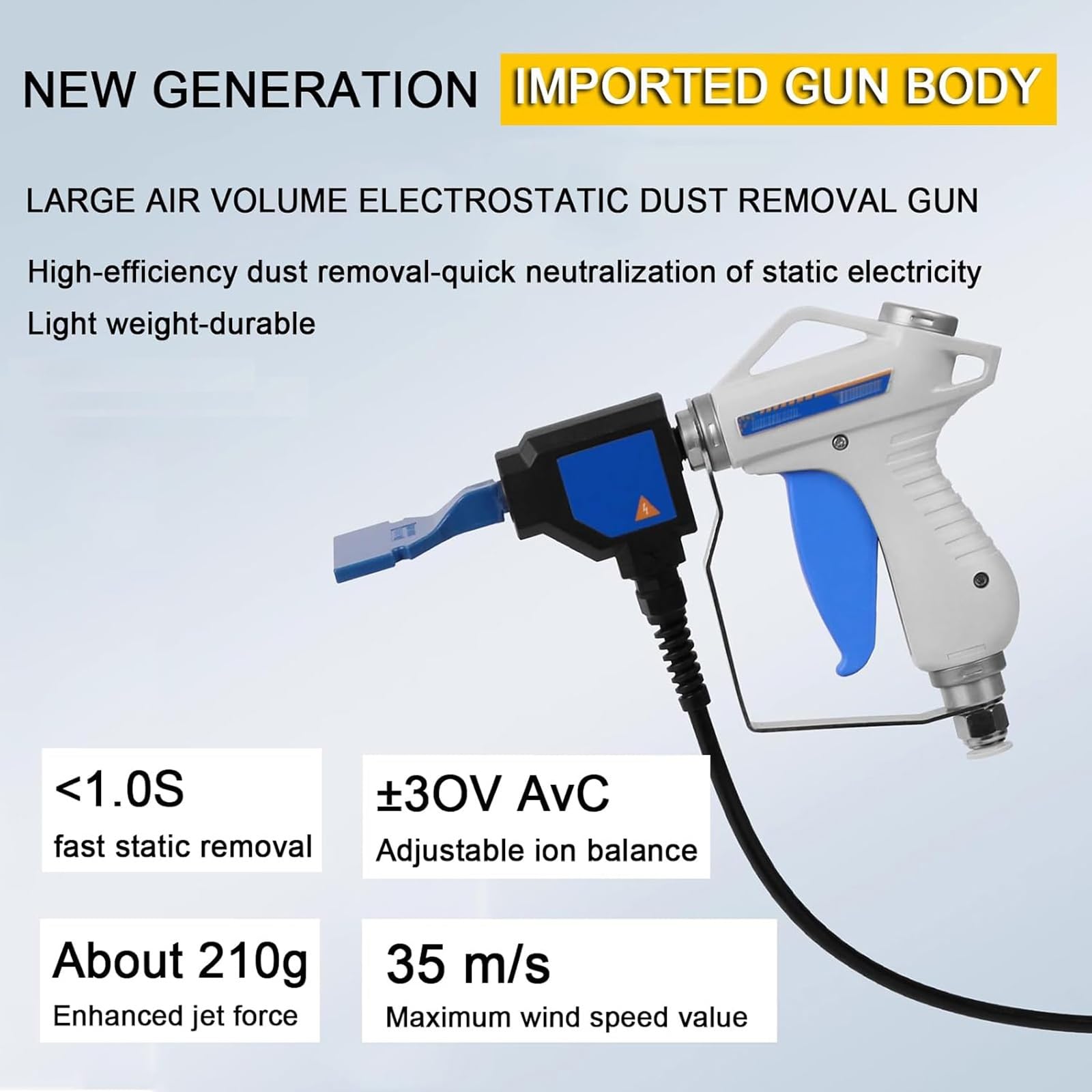 Pistola de aire ionizante, ionizador antiestático, eliminación estática, pistola de aire antiestática con fuente de alimentación de 6 KV, velocidad de desactivación ≤1.0S, para eliminaciones