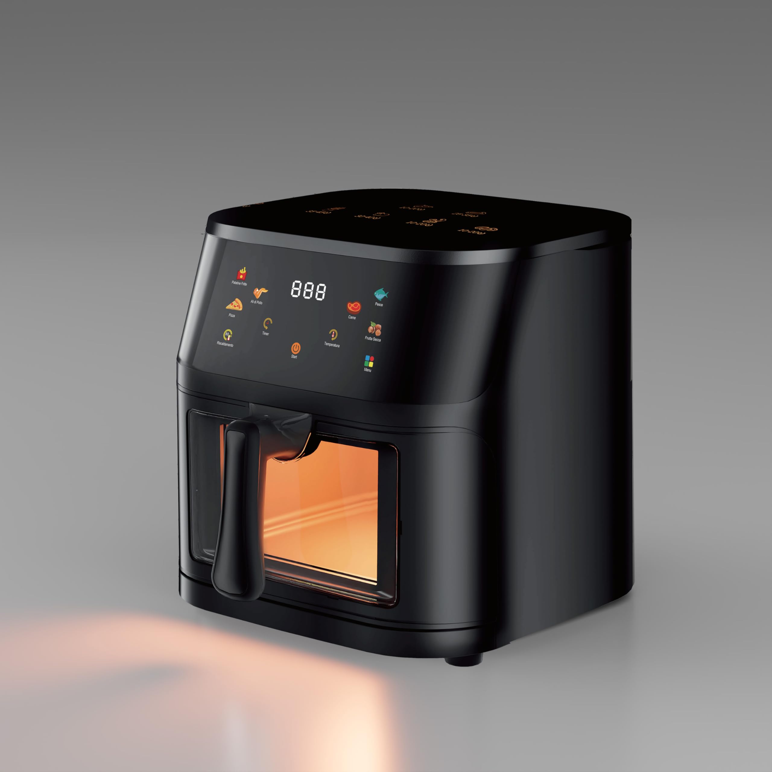 Friggitrice ad Aria 8L 1400W con Schermo Touch a Colori – 0-200°C, 7 Programmi Automatici (Patatine, Pizza, Carne, Pesce, Ali, Frutta Secca, Riscaldamento) – Griglia + Ricettario Inclusi