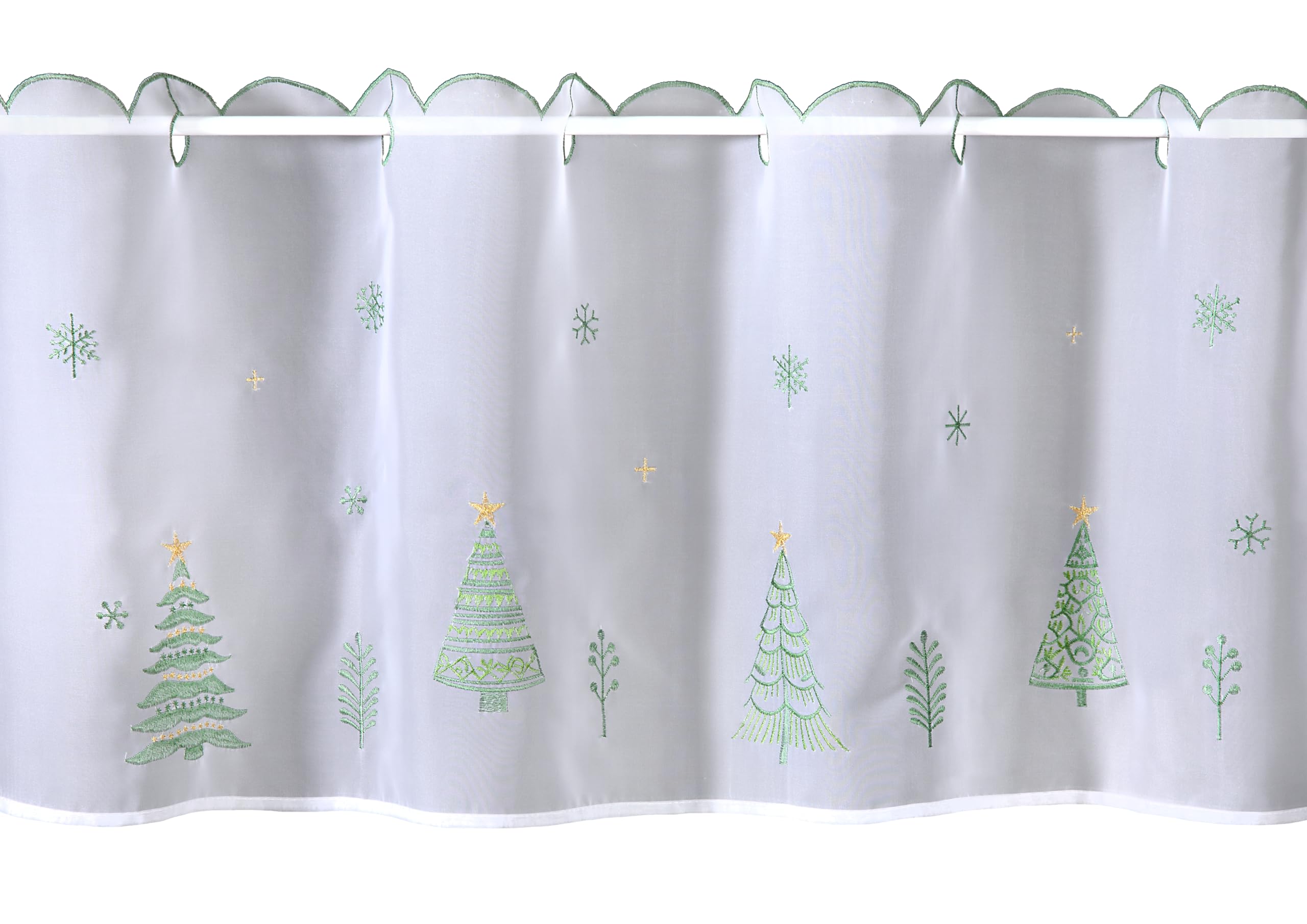 Home WOHNIDEEN | Cafehaus aus transparentem Voile, zusätzlich weihnachtlich Bestickt | 45 x 120 cm, Grün