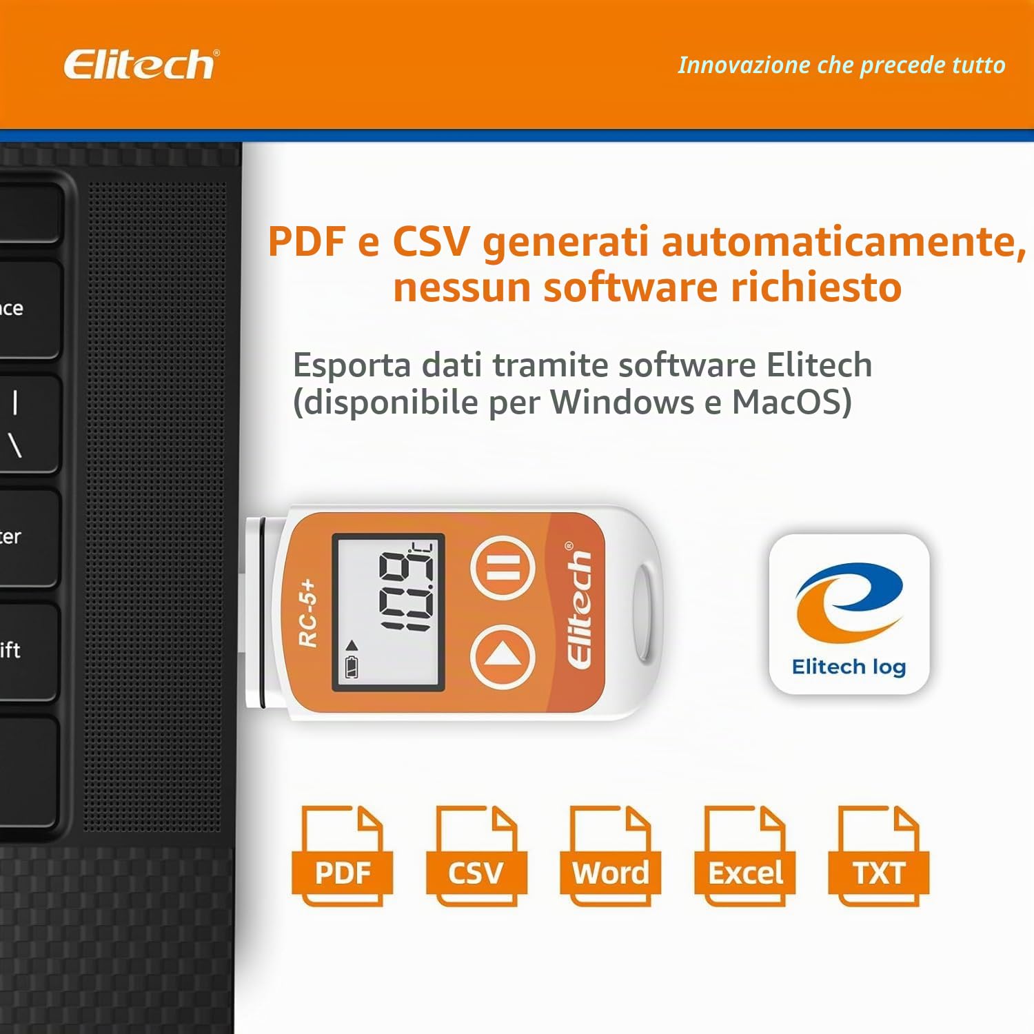 Elitech RC-5+ Data Logger Temperatura USB 32000 Punti PDF CSV Mac PC