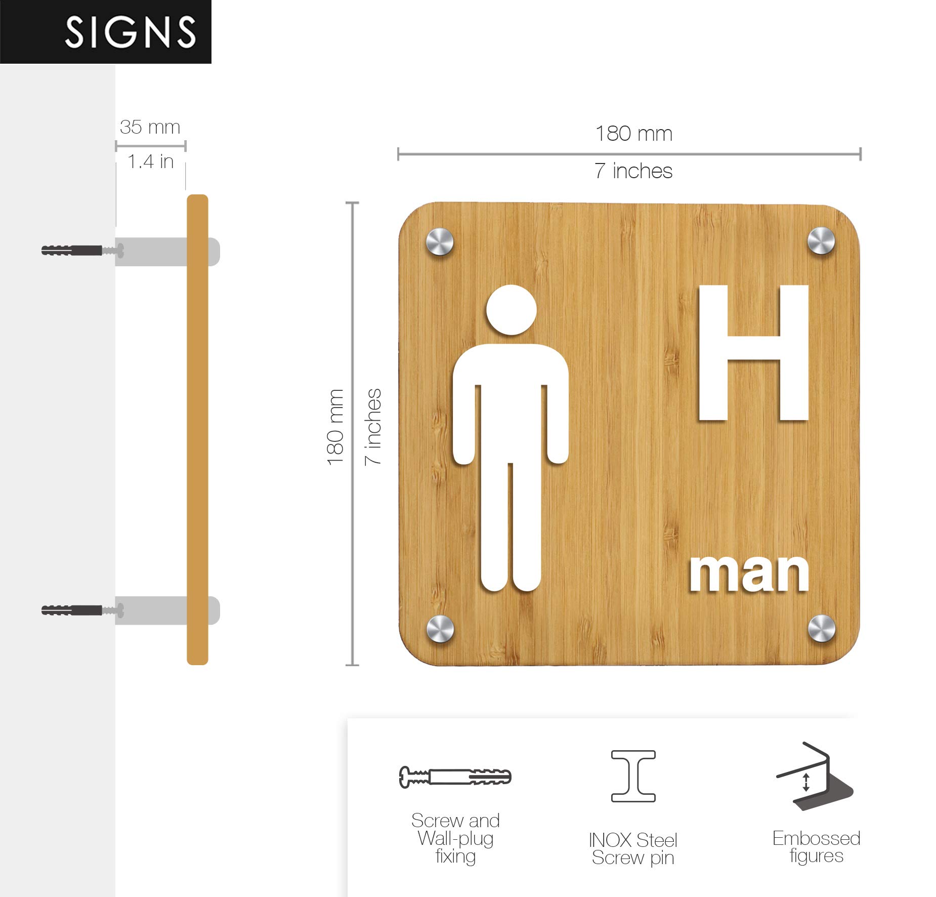 Signs [STAN08-bianco] Set 4X Placas de pared con separadores en relieve (Español/Inglés): Toilettes, Hombre, Mujer, Discapacitado, cartel de baño. Letrero WC de pared para inodoro y para puerta.