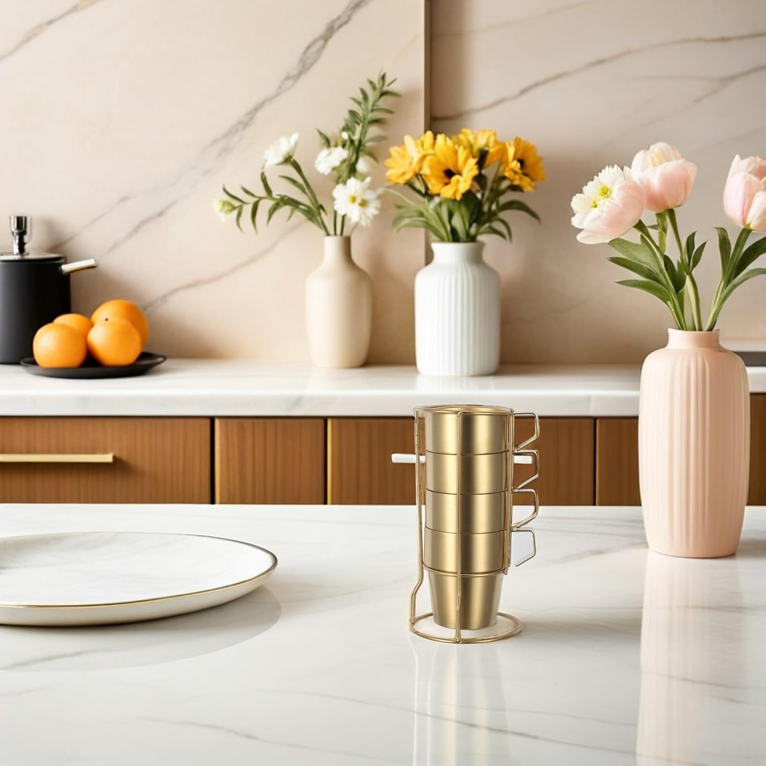 Stackable Double Insulated Stainless Steel Coffee Mugs with Handles 300ml, ’ Double-walled Hot and Cold Drink Cups Set of 4 with Rack for Camping and Home Use