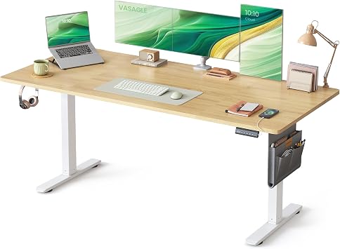 VASAGLE Electric Standing Desk, Height Adjustable Desk, 180 x 80 cm, Continuous Adjustment, Spliced Desktop, 4 Memory Heights, USB-Port, Golden Oak LSD138YA02