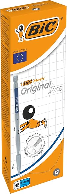 BIC Matic Original Mechanical Pencils - Box of 12- Fine Point (0.5 mm) Pencils with Resistant Lead (Includes 3 HB Lead Refills and Eraser), grey