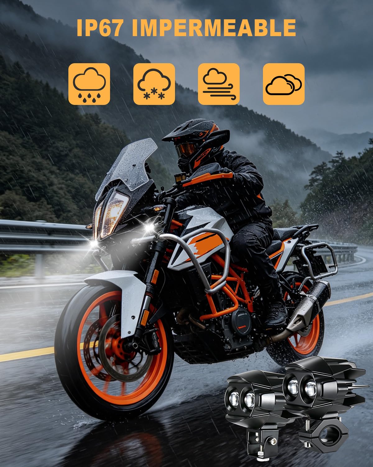 Dinfu 60 W Phare supplémentaire LED 9 V - 60 V moto Phare antibrouillard rond IP68-5 motifs flash avec kit de faisceau et 2 supports de montage pour moto, quad, UTV, Dirt Bike, camion, bateau