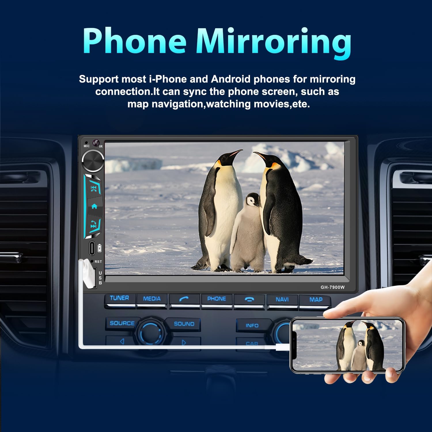 Double Din Car Stereo 7 Inch Touchscreen Compatible with [Wireless] Apple CarPlay/Android Auto Bluetooth FM Radio USB Type-C Backup Camera