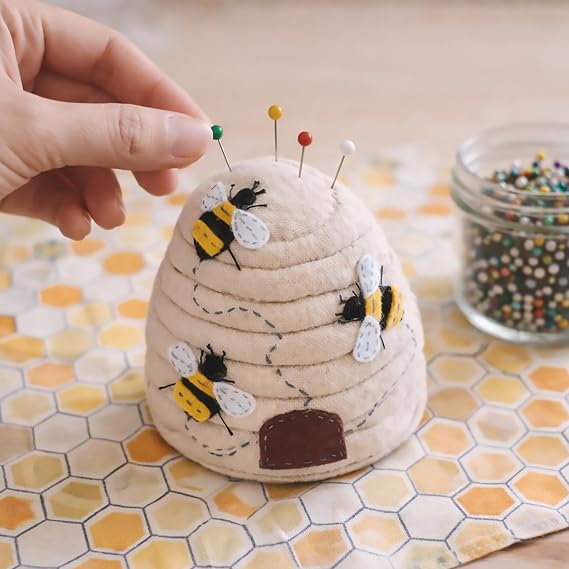 Hobby Gift Novelty Beehive Pincushion Cute Holder for Sewing Quilting Needles, Accessories for Needlework DIY Crafts Dressmaking 100% Cotton Fabric, 3.1 x 3.1