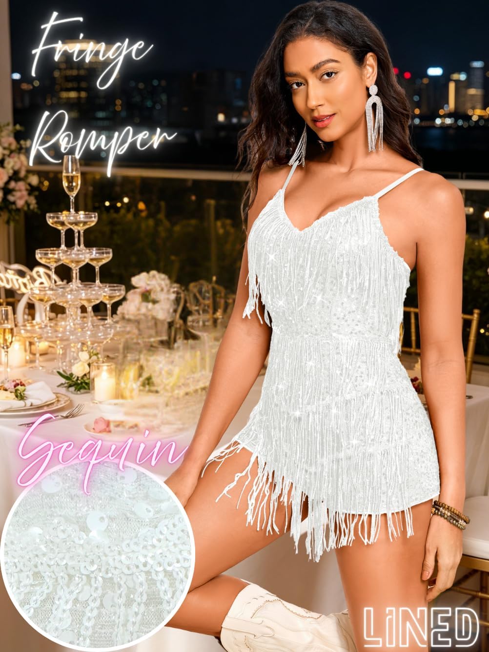 Kaei&Shi Sparkly Fringe Romper, Sexy Backless Sequin Disco Outfit Woman