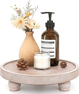 EOSAHR Farmhouse Wood Riser for Display : Decorative Pedestal Stand for Kitchen Counter and Home Decor - Elegant Round Waterproof Display Tray for Bathroom Soap, Sink, Vase (Natural Wood)
