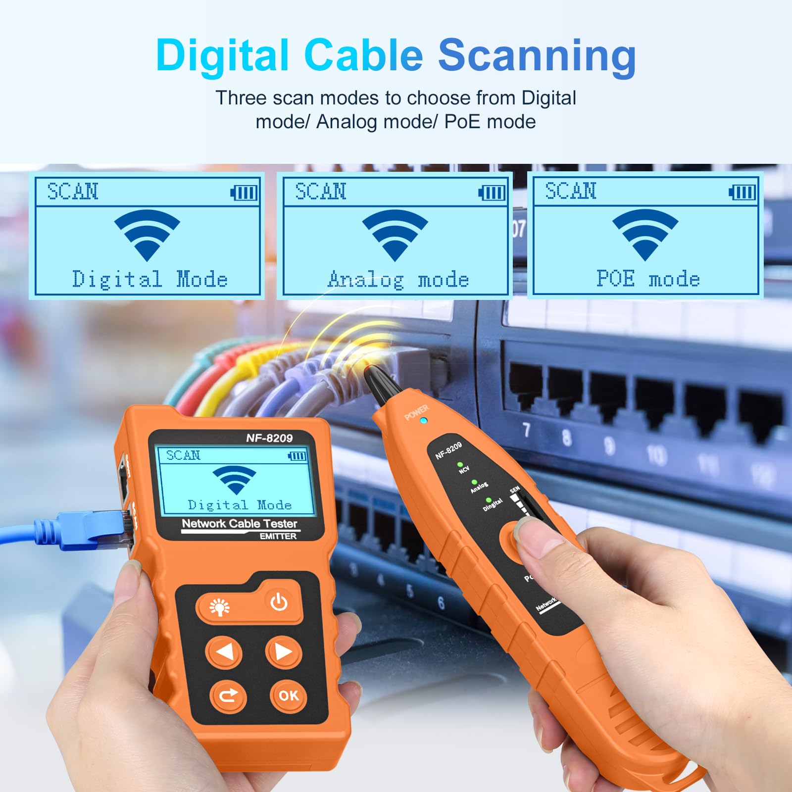 Tester per cavi con PoE Multifunzione, mappatura cavi, test di cavi di rete, NF-8209 con cavo LAN LCD senza contatto, PoE per Cat5 Cat6 strumento trovacavi per linee sotterranee, telefono