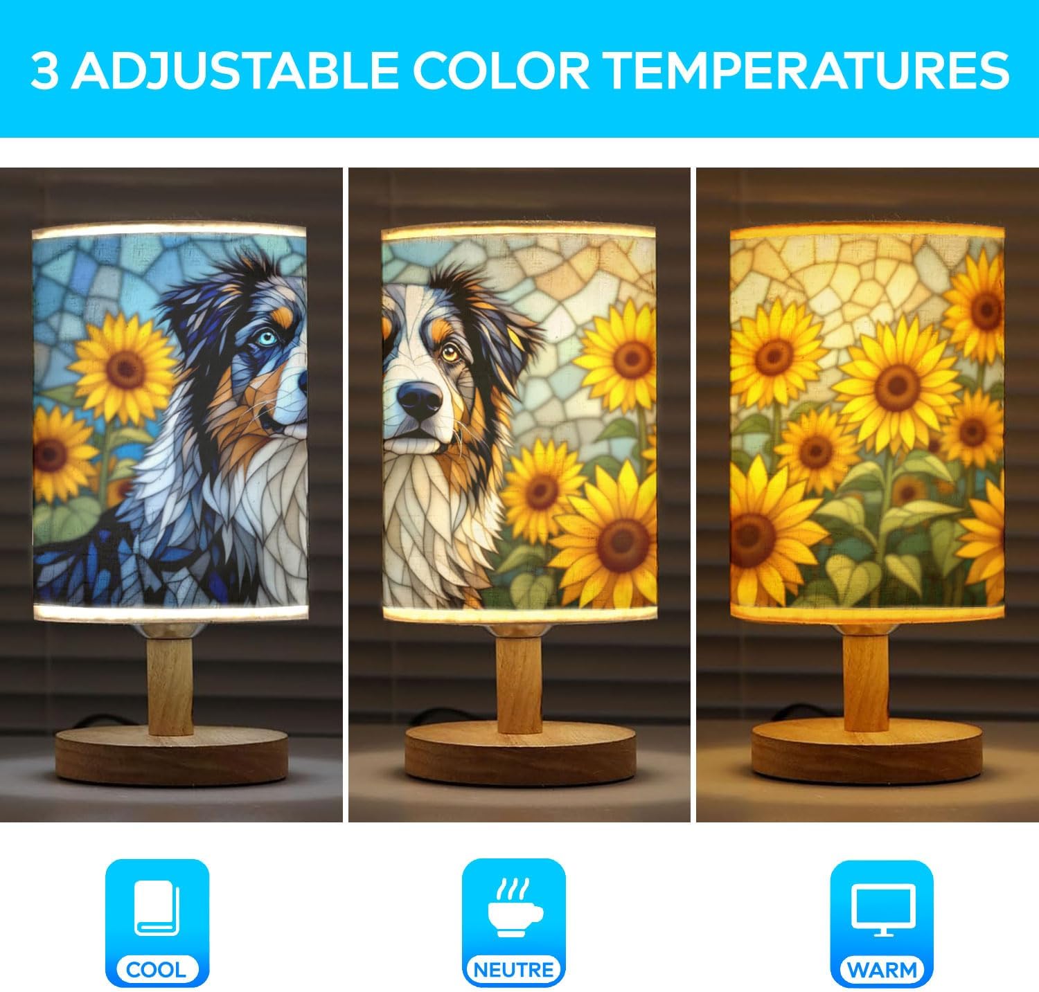 Australian Shepherd Table Lamp LED 3-Color Pressed Bedside, Dog Shade Lamp with Wood Base for Bedroom Living Room Desk Office