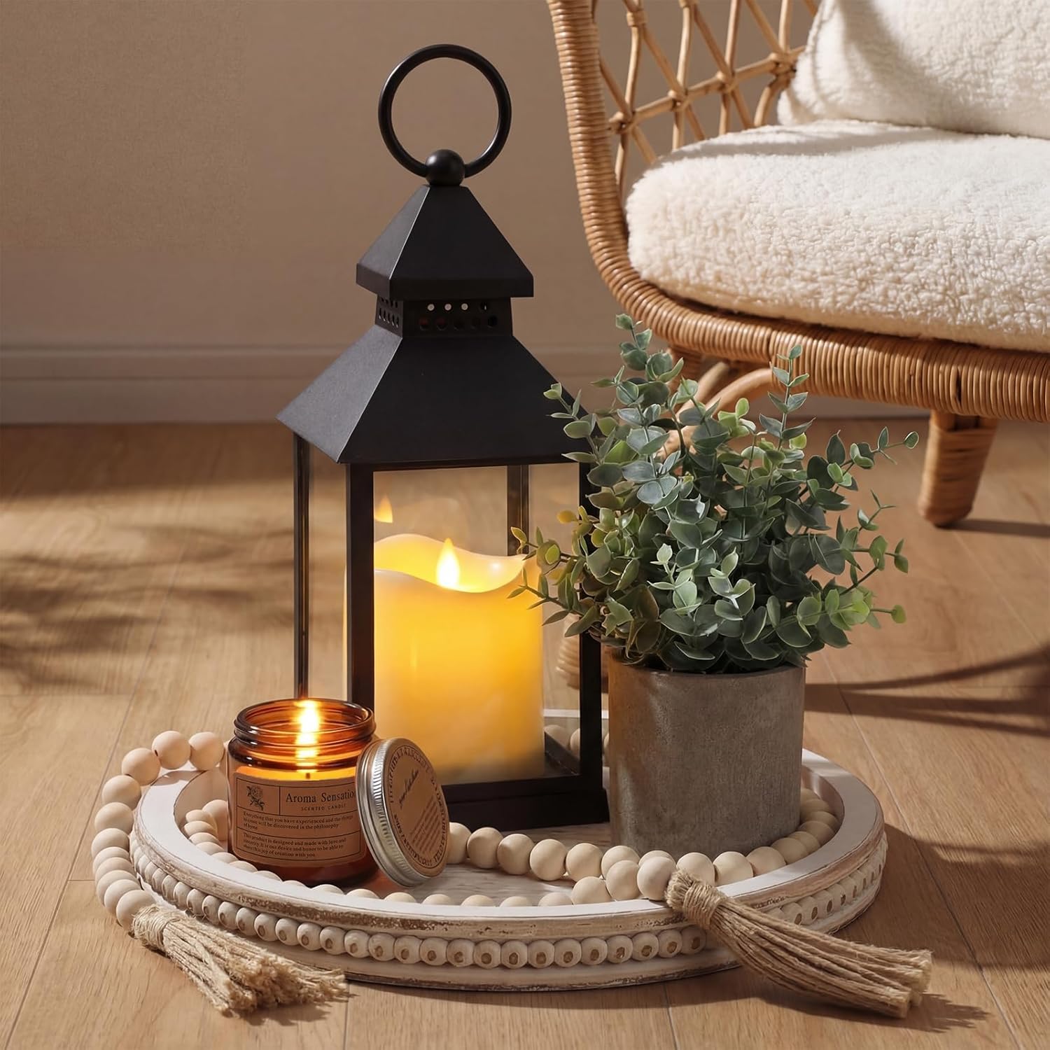Novabright 6 Pcs Vintage Roof Farmhouse Lantern Decor Set Candle Lanterns Decorative Indoor with Wooden Tray Bead Aromatherapy Candle Faux Plant Rustic Decor for Living Room Mantel Housewarming Gift