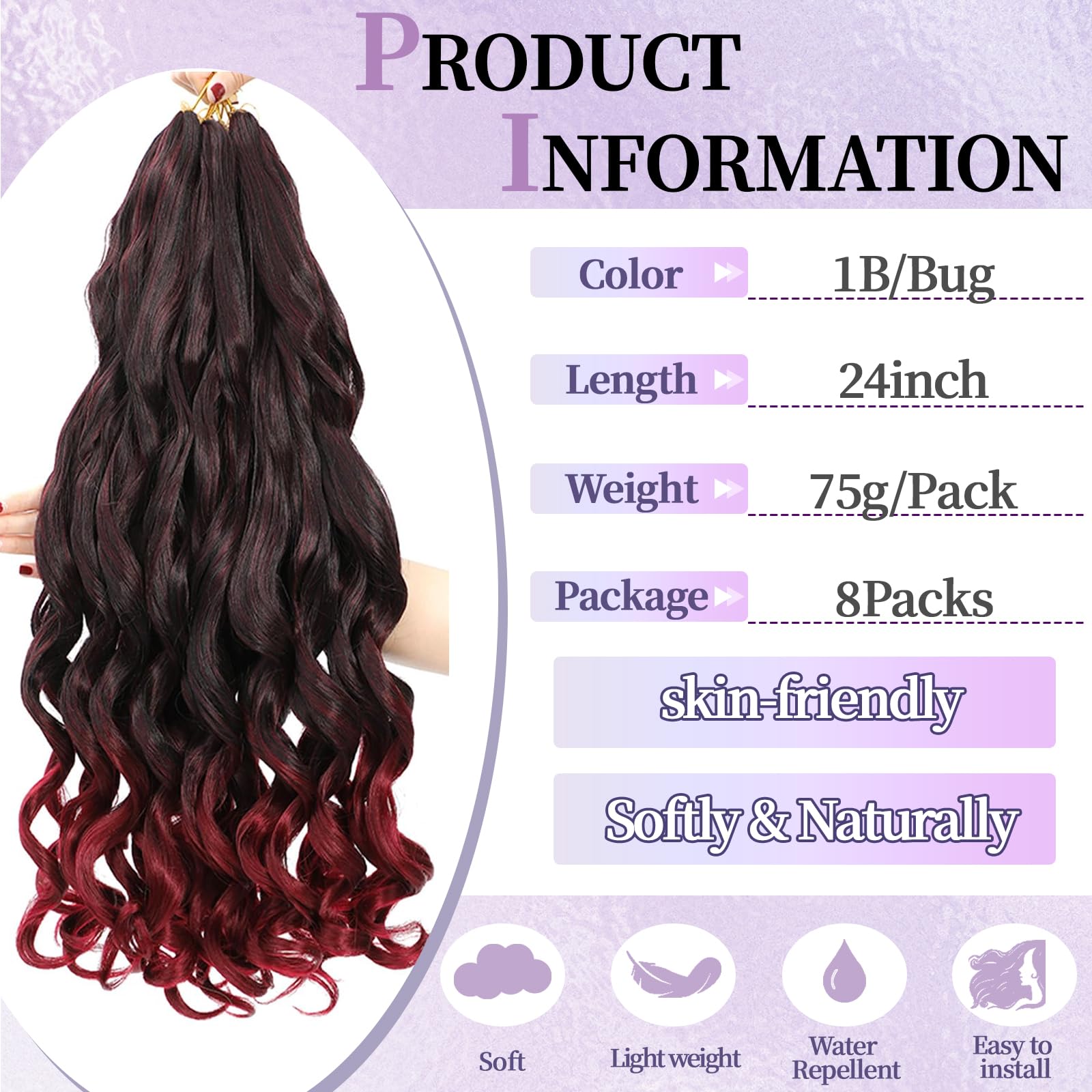 Locescsoc 24 Inch French Curls Braiding Hair 8 Packs Spanish Curly Braids Pre Stretched Loose Wave Soft French Curl Synthetic Braiding Hair Extensions for Women (1B/BUG - Image 2