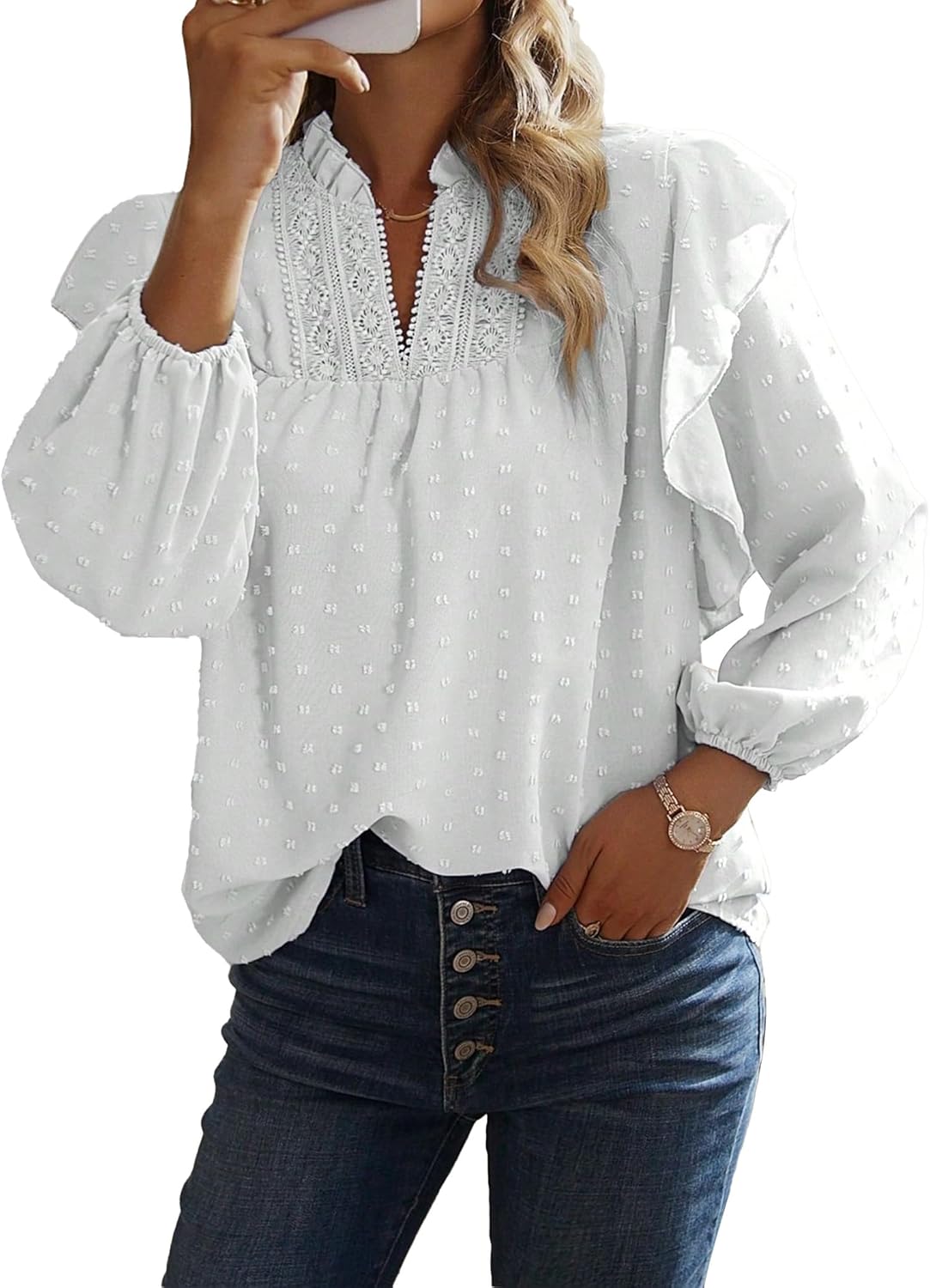 Womens Fall Long Sleeve Babydoll Tops Boho Lace Crochet Swiss Dot Dressy Casual Shirts Flowy Blouses Outfits - Image 5