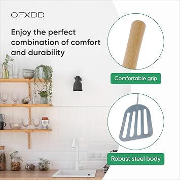 Stainless Steel Slotted Spatula - Kitchen Metal Turner for Cooking with Wooden Handle