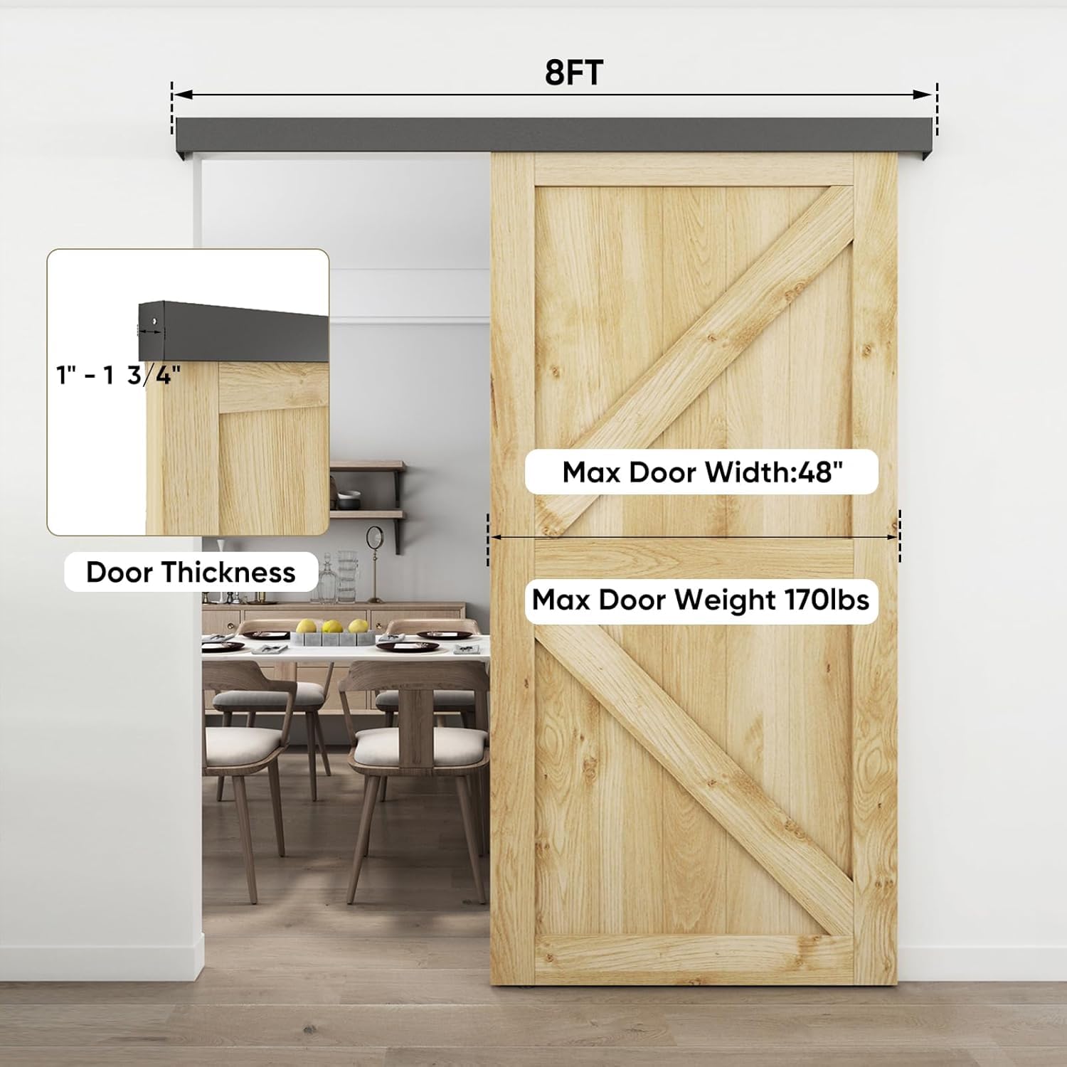 JUBEST Kit de herrajes para puerta de granero de 244 cm, riel de aleación de aluminio, herrajes ocultos para puerta corredera interior clásica y moderna, puerta de madera individual, baja holgura