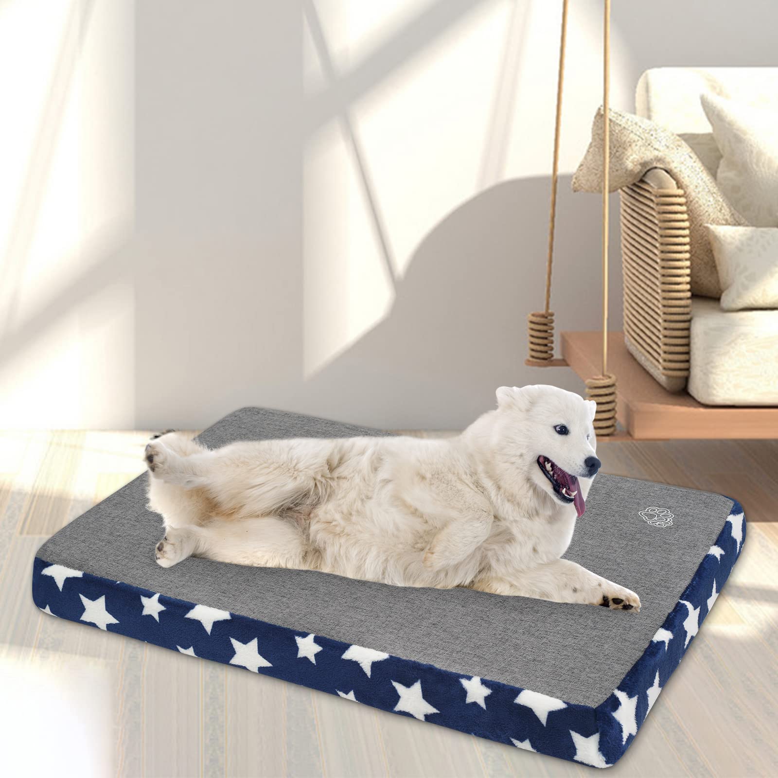 EMPSIGN Tapis de cage imperméable pour chien réversible (chaud et frais), housse amovible lavable, doublure imperméable et mousse haute densité, matelas pour chiens de petite à XXL, bleu marine