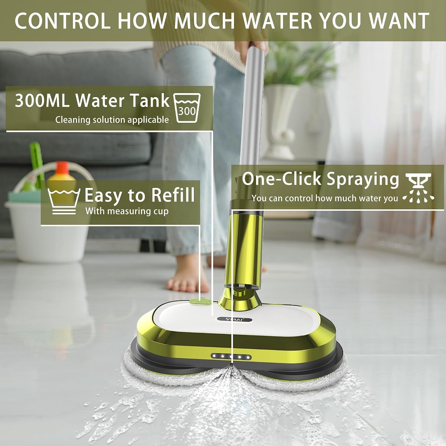 VMAI Cordless Electric Mop with Water Spray & Detachable Battery