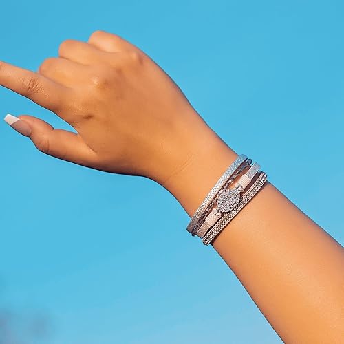 Miniatura 3 de FANCY SHINY - Pulsera de cuero de estilo bohemio con cierre magnético y cuentas de cristal, regalo para mujeres, adolescentes y niñas