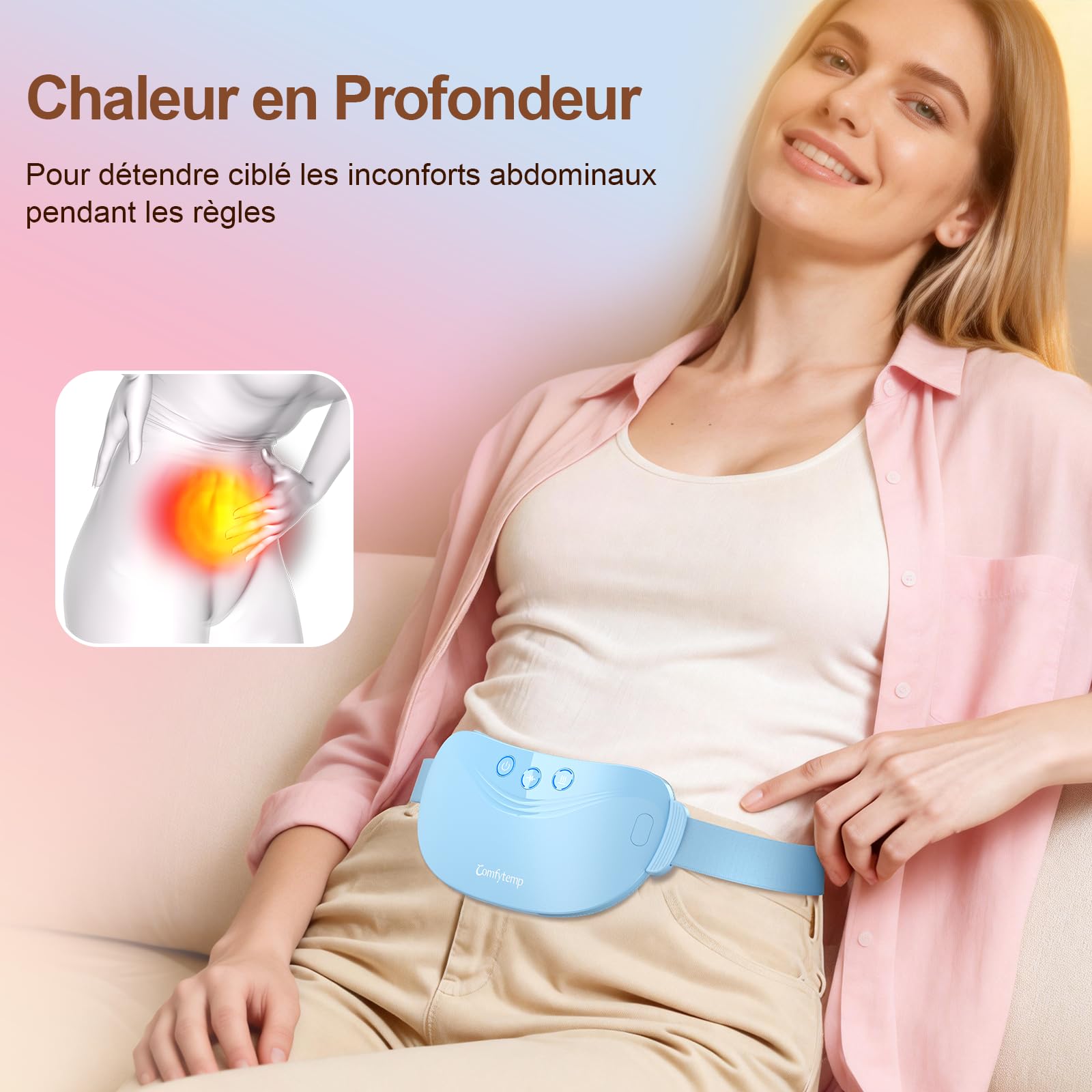 Comfytemp Ceinture Menstruelle Chauffante, 150cm Coussin Chauffant Double Moteur à Vibration, avec 3 Modes de Massage et 3 Niveaux de Température, Ceinture Chauffage sans Fil, Cadeau pour les Femmes