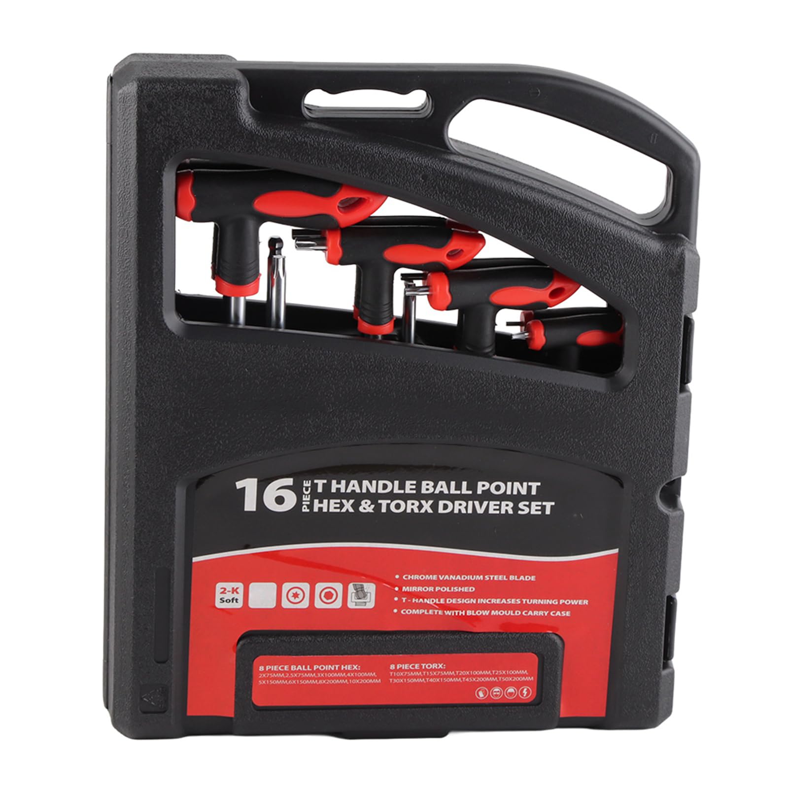 Qiilu 16 Stu00fcck T-Griff Sechskantschlu00fcsselsatz, T-Griff Sechskant-Inbusschlu00fcssel-Satz Kugelkopf 2 Antrieb Schraubendreher Reparatur Handwerkzeuge 75mm-200mm T10-T50