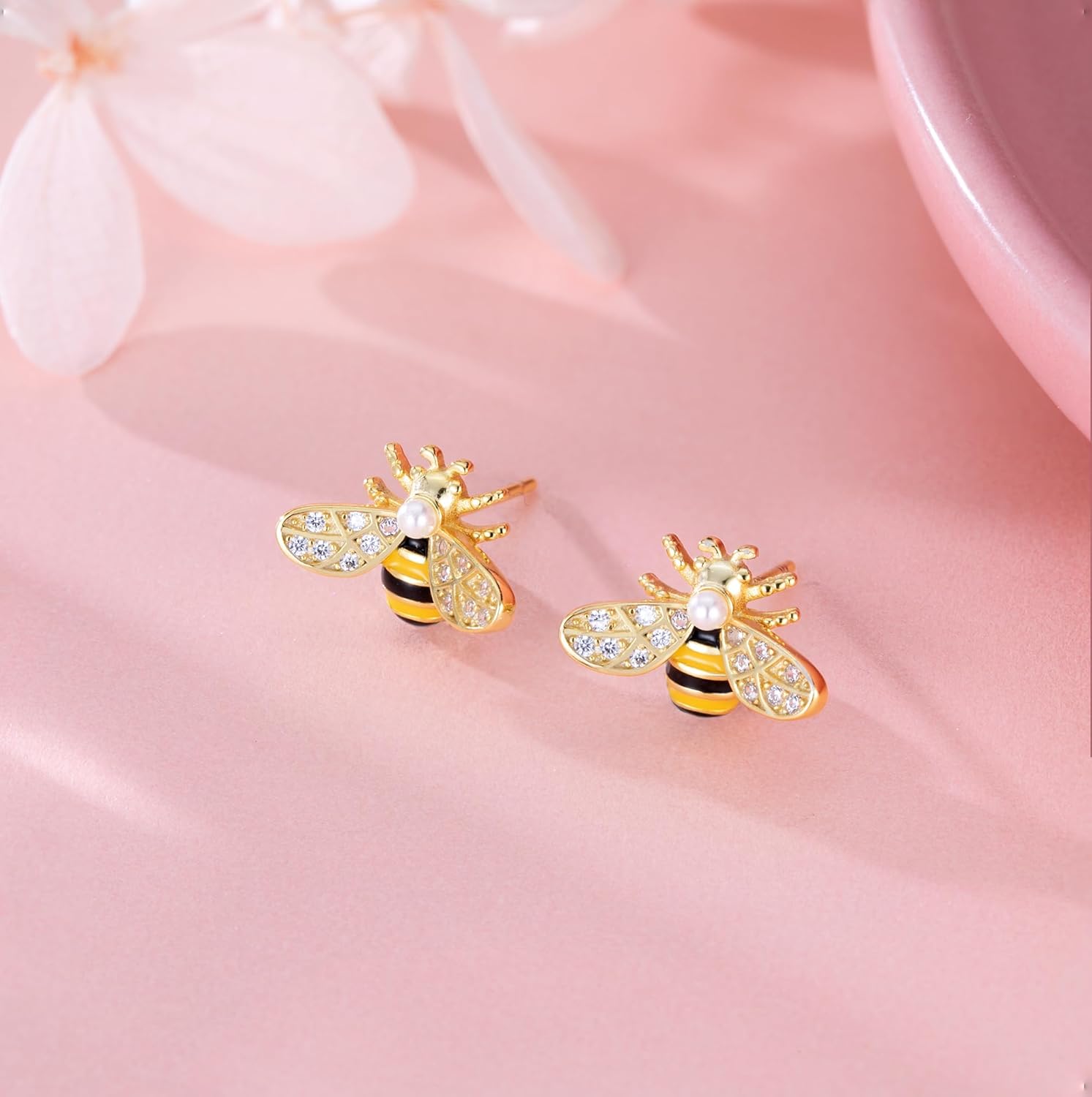 Reffeer Solid 925 Sterling Silver Cute Bee Earrings Stud for Women Teens Small Freshwater Pearl Bee Earrings - Image 5