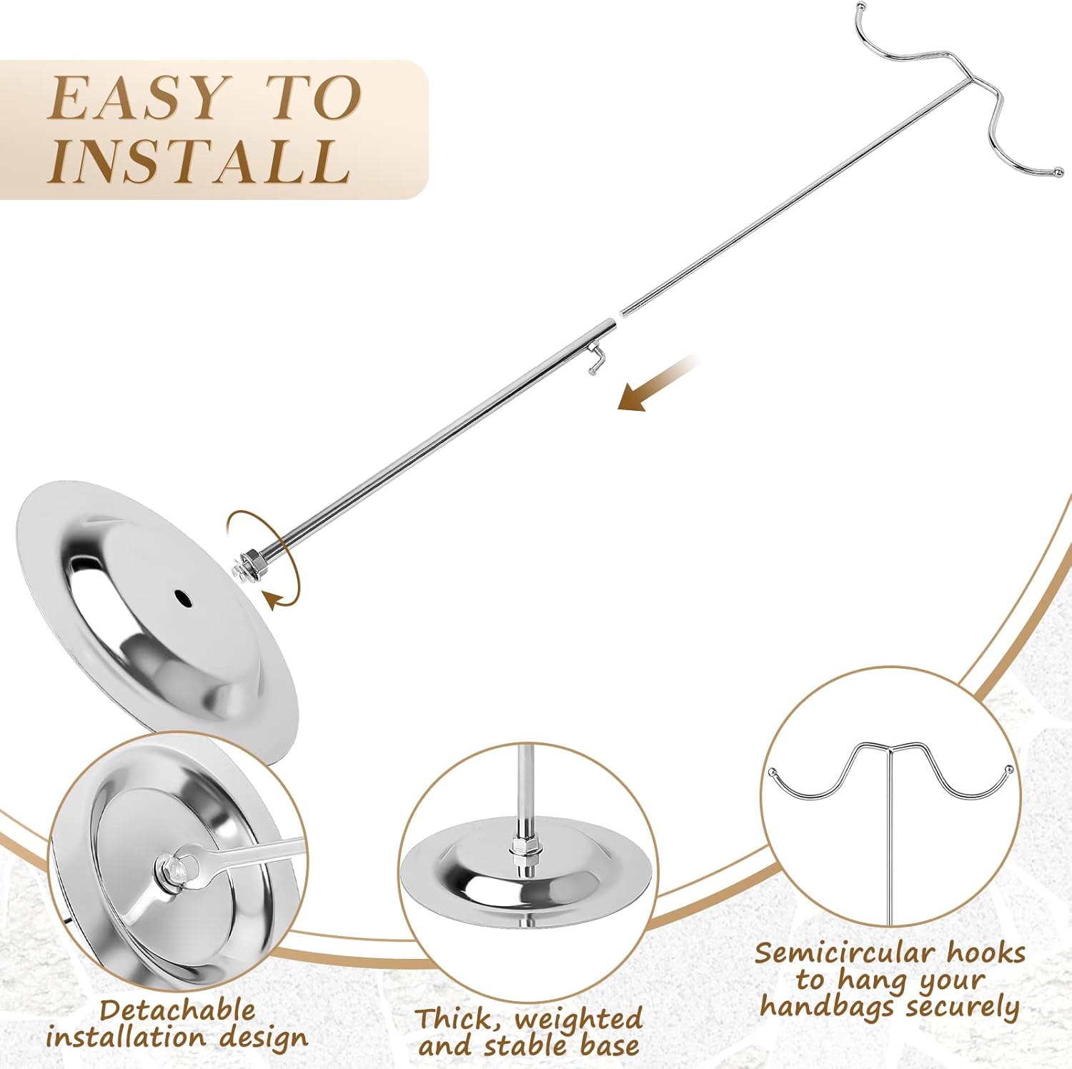 Lounsweer 2 Pcs Purse Handbag Display Stand Double Hook Stainless Steel Metal Purse Holder Rack Stand Table Hanging Display for Women Handbags Wig Hats - Image 3