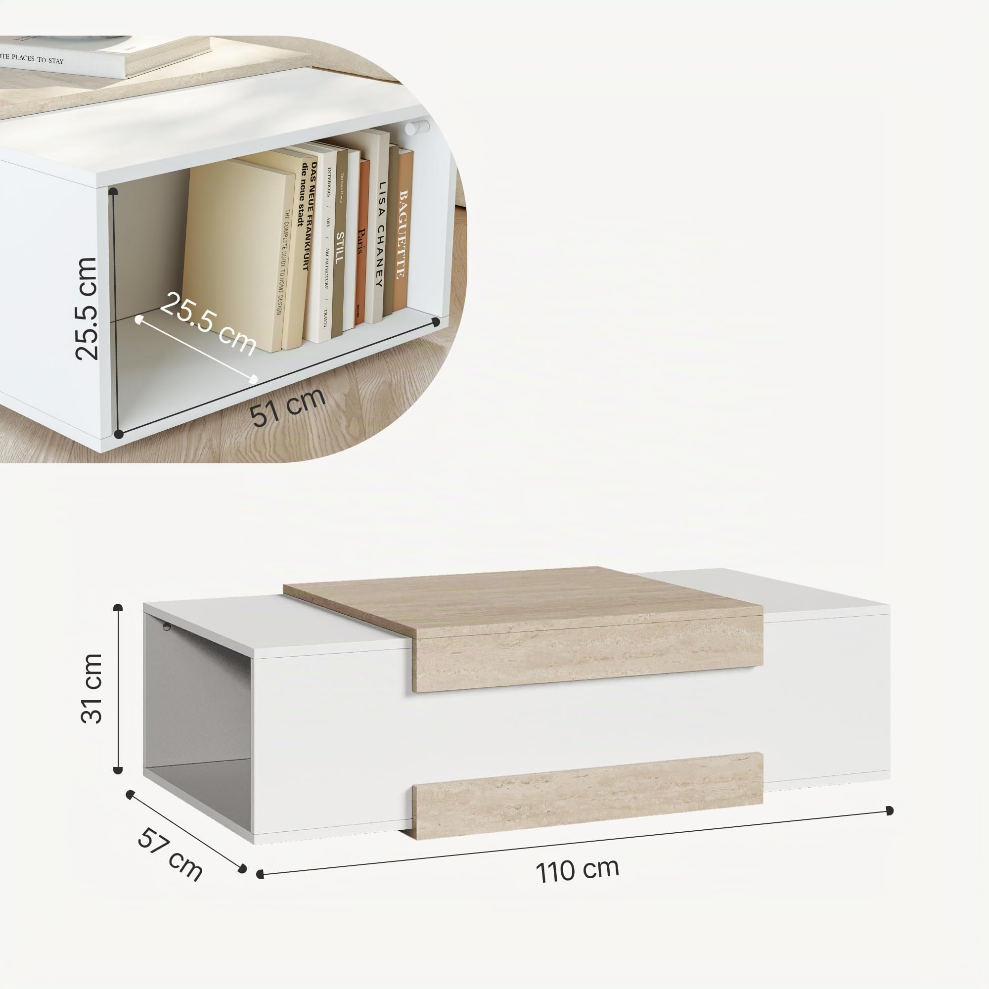 [en.casa] Couchtisch Eljak Wohnzimmertisch 110 x 57 x 31 cm Sofatisch mit 2 offenen Ablagefächern Beistelltisch rechteckig Kaffeetisch Weiß/Travertin