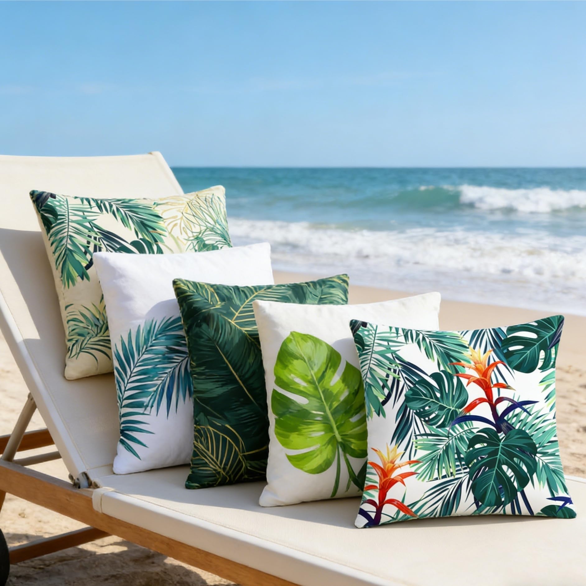 Fundas de almohada, diseño de hoja de palma verde acuarela, estilo tropical moderno, fundas de cojín decorativas de lino para sofá del hogar