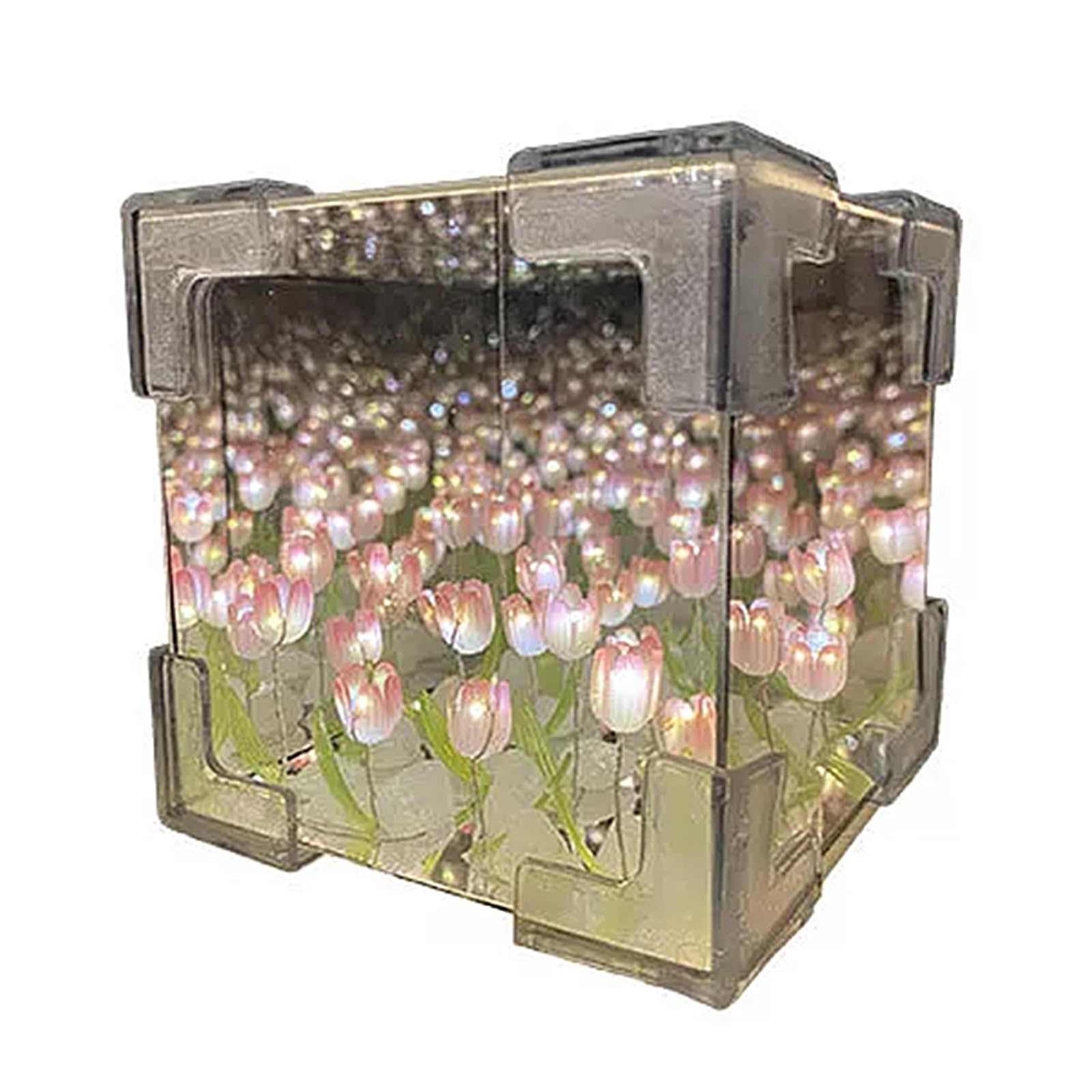 Handmade 20 Flowers Tulips Night Light, Cube Table Lamp, Bedside Lamp & Mirror 2 in 1 (Pink, 10cm)