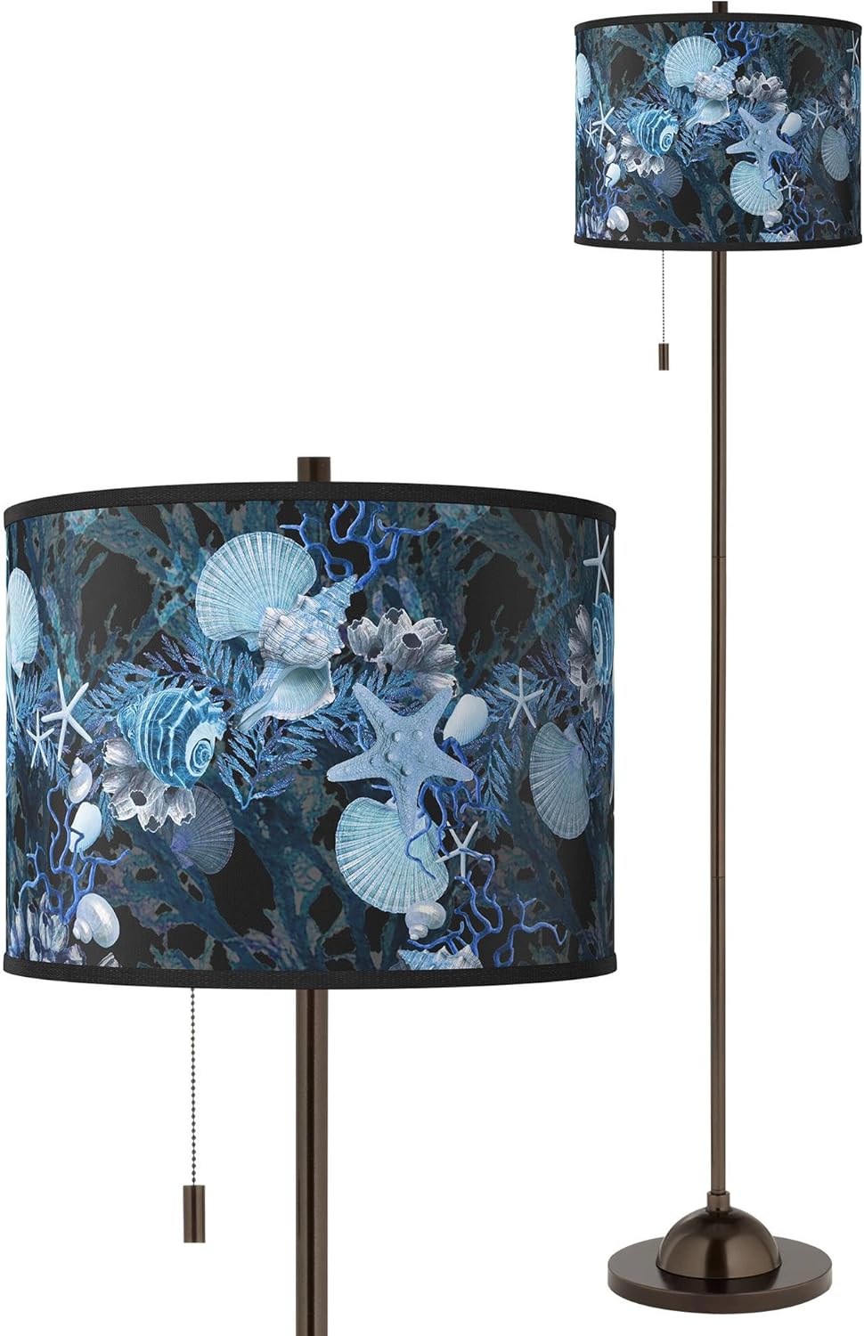 Giclee Glow Coastal Tropical 62" Tall Standing Floor Lamp Skinny Club Pole Pull Chain Brown Tiger Bronze Finish Living Room Bedroom House Reading Office Home Décor Entryway Blue Seas Drum Shade