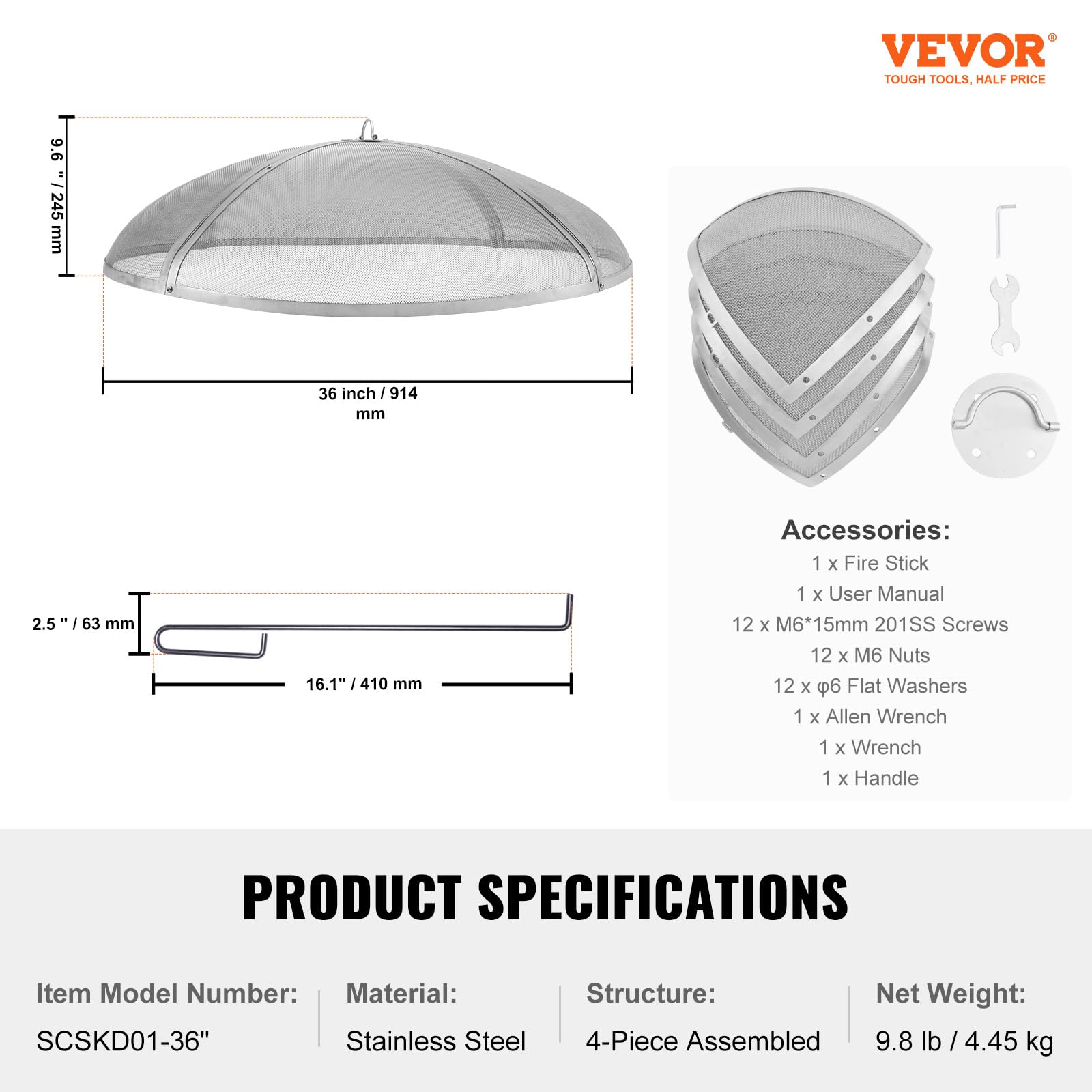 VEVOR Parascintille Rotondo per Braciere 36", Copertura in Metallo in Acciaio Rinforzato per Carichi Pesanti, Coperchio per Braciere da Esterno, Coperture Superiore Rotonde Maniglia Anello