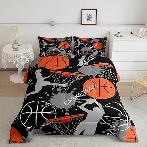 Miniatura 10 de Juego de edredón de baloncesto tamaño matrimonial para niños, juego de ropa de cama deportiva de baloncesto para atleta, estilo patchwork, naranja,