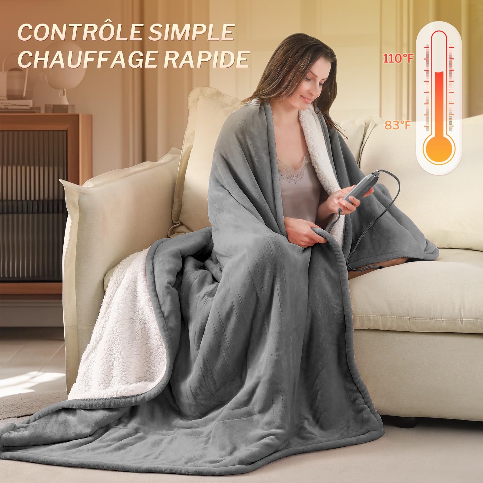 CORIWELL Couverture Chauffante 180x130 cm - Couverture Électrique en Flanelle,Plaid Chauffant 10 Réglages de Chaleur,Minuterie de 9H,Protection Contre la Surchauffe, Lavable en Machine - Gris