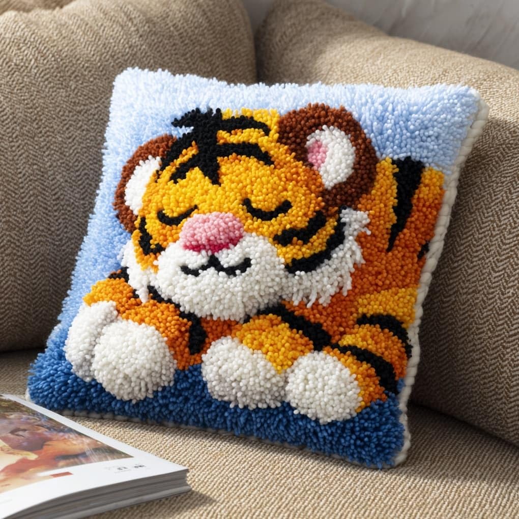 Henypt 43x43cm Latch Hook Rug Kit,Sleeping Tiger Beginner DIY Crochet Craft Set,Soft Yarn Cushion Kit for Living Room Sofa Decoration