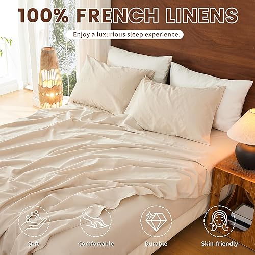 Miniatura 2 de Bedlifes Juego de sábanas de 100 % lino puro francés, transpirable y refrescante, suave, duraderas y absorben la humedad, bolsillo profundo de 16